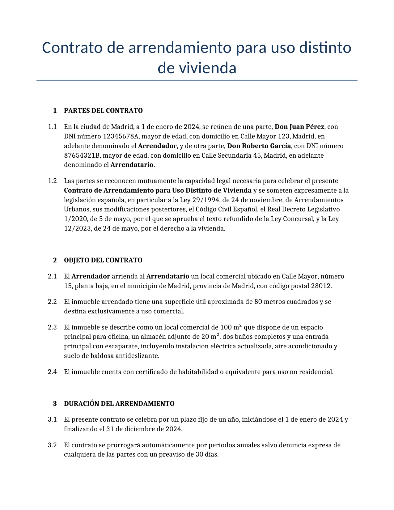 Ejemplo de un Contrato de arrendamiento para uso distinto de vivienda para usar en España generado por nuestro modelo de IA.