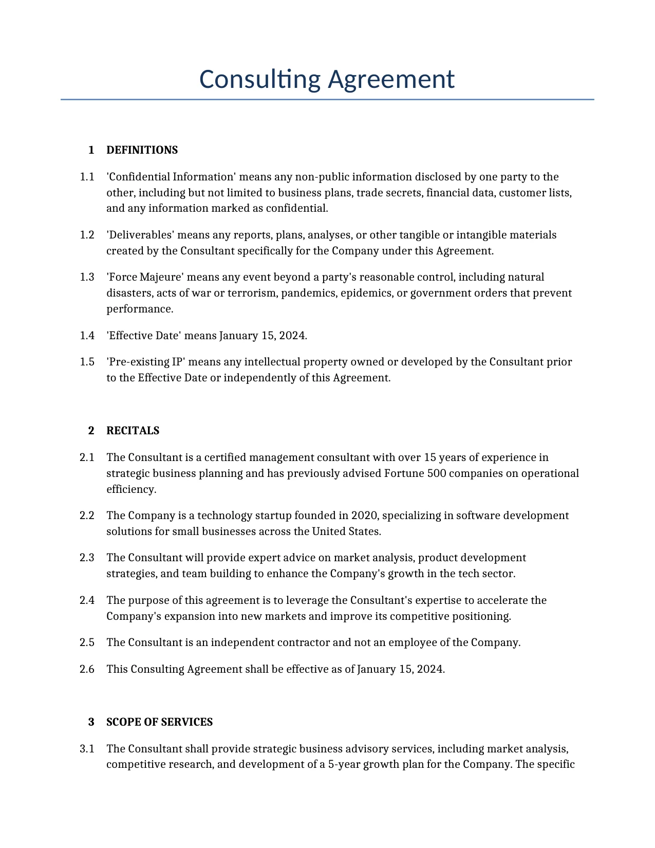 Example of a Consulting Agreement for use in the United States</b> generated by our AI model. 