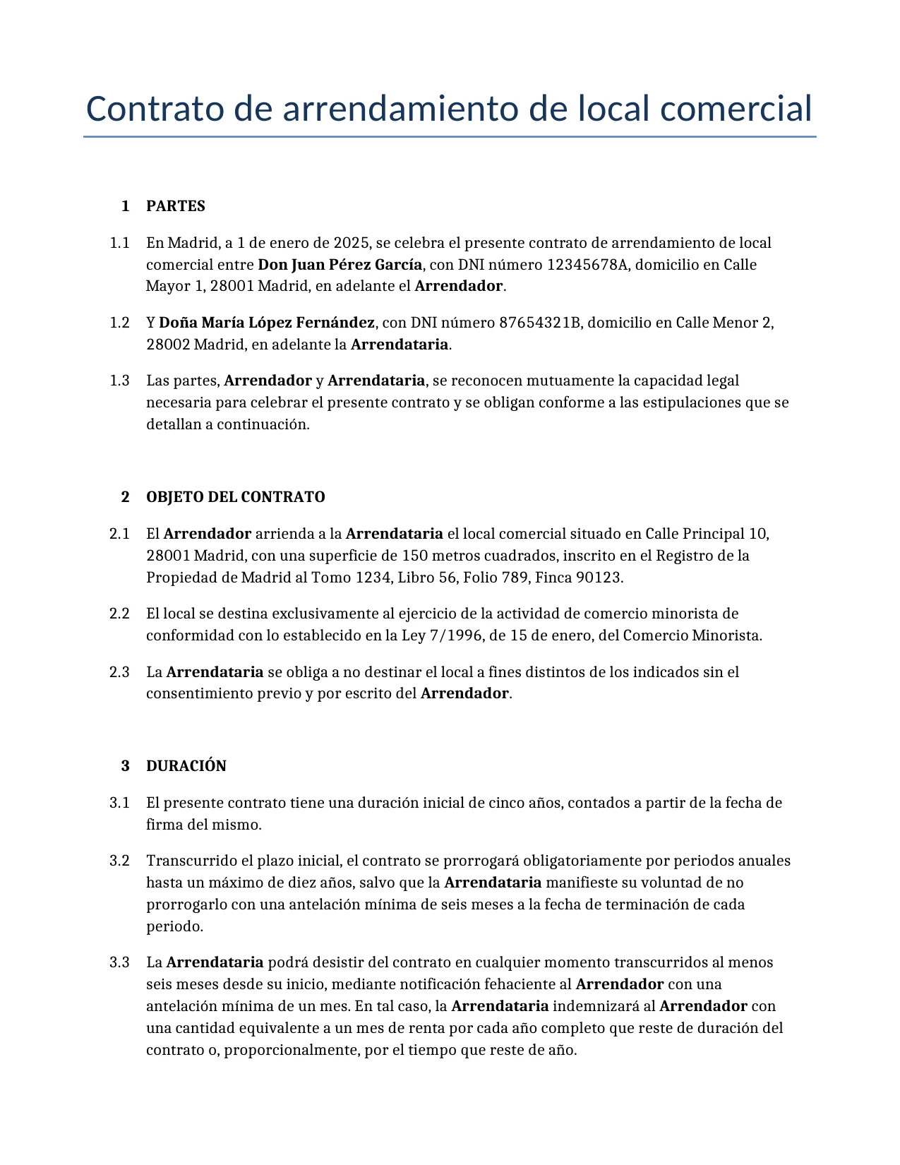 Ejemplo de un Contrato de arrendamiento de local comercial para usar en España generado por nuestro modelo de IA.