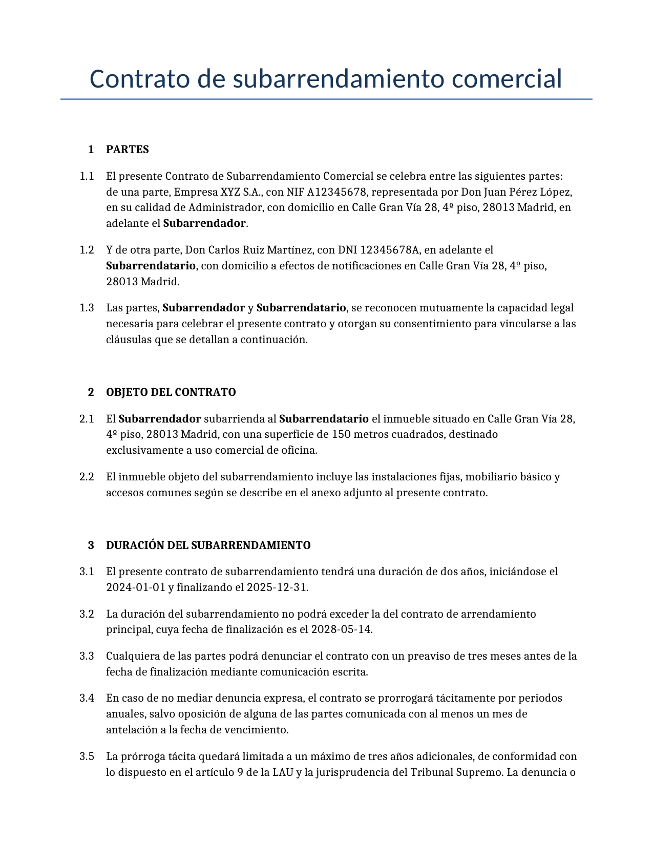 Ejemplo de un Contrato de subarrendamiento comercial para usar en España generado por nuestro modelo de IA.