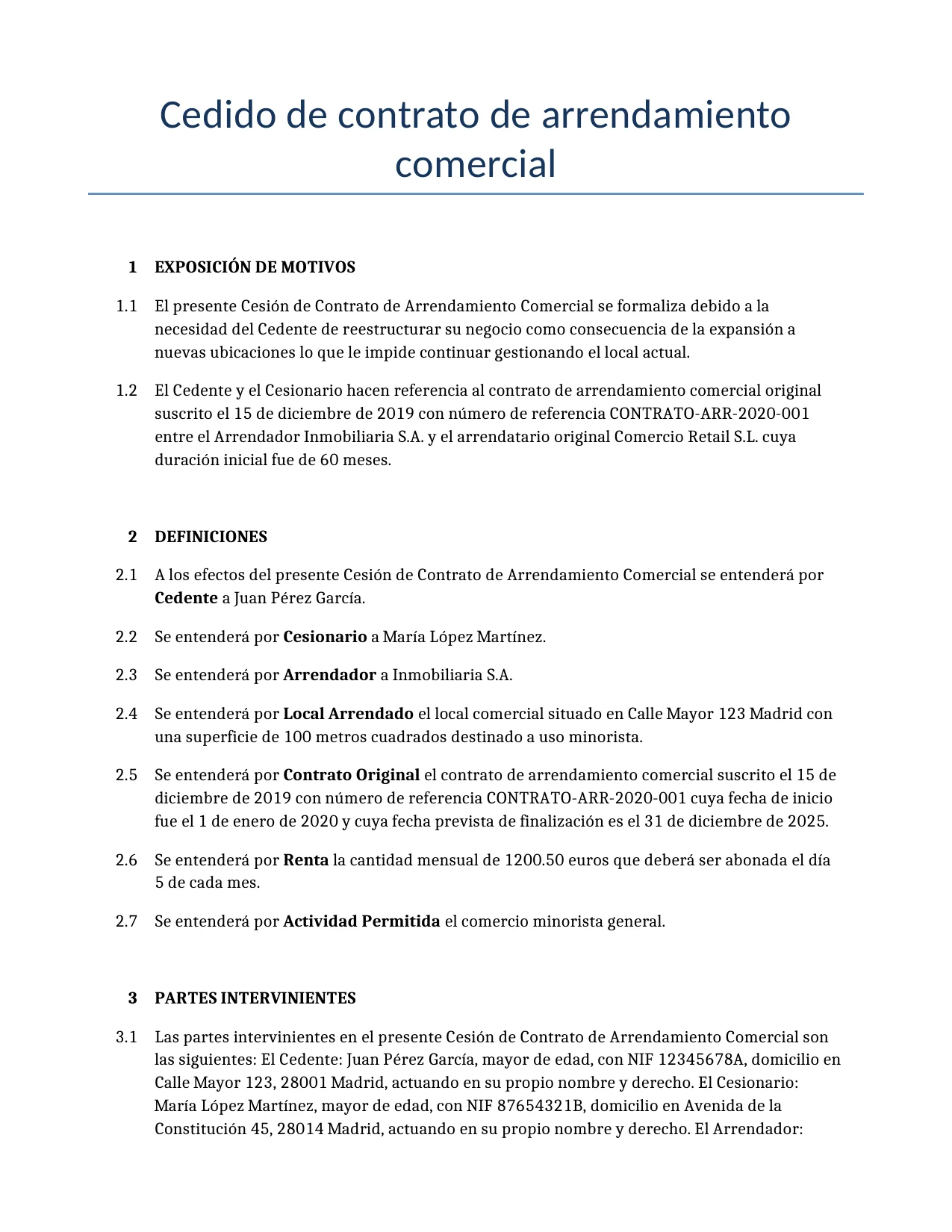 Ejemplo de un Cedido de contrato de arrendamiento comercial para usar en España generado por nuestro modelo de IA.