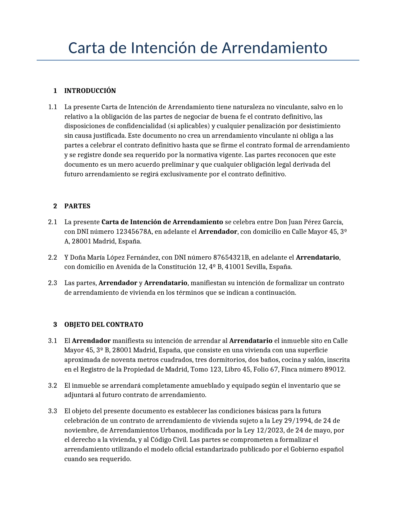 Ejemplo de un Carta de Intención de Arrendamiento para usar en España generado por nuestro modelo de IA.