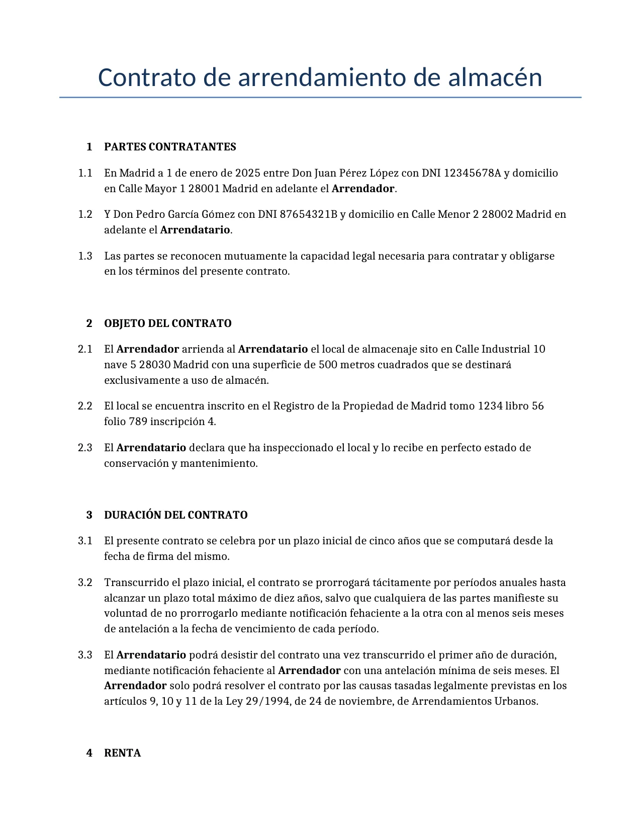 Ejemplo de un Contrato de arrendamiento de almacén para usar en España generado por nuestro modelo de IA.
