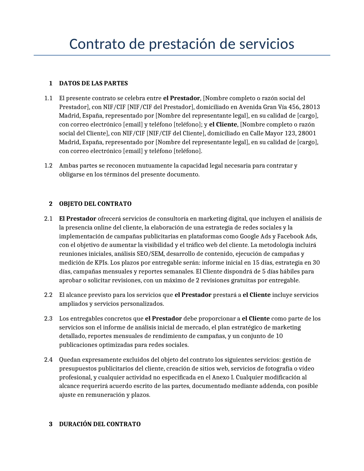 Ejemplo de un Contrato de prestación de servicios para usar en España generado por nuestro modelo de IA.