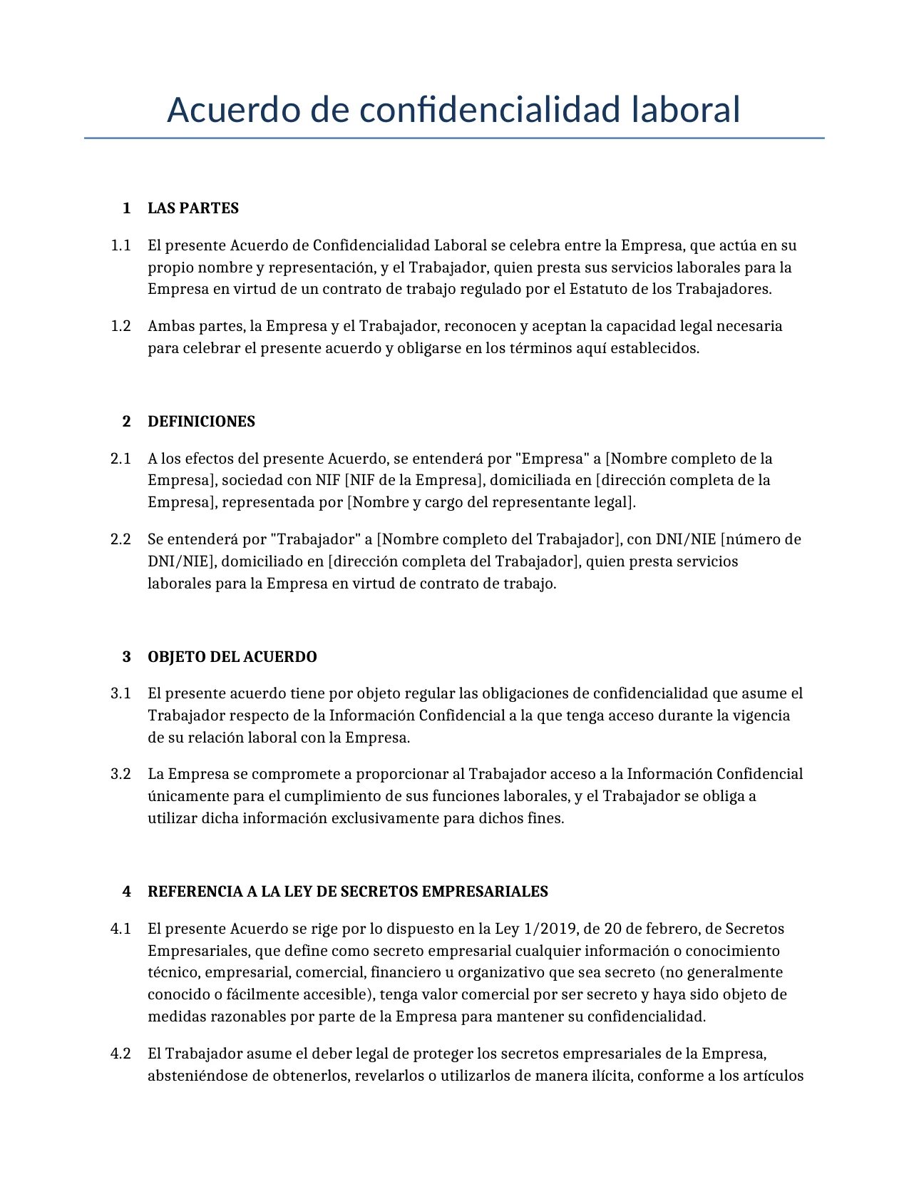 Ejemplo de un Acuerdo de confidencialidad laboral para usar en España generado por nuestro modelo de IA.