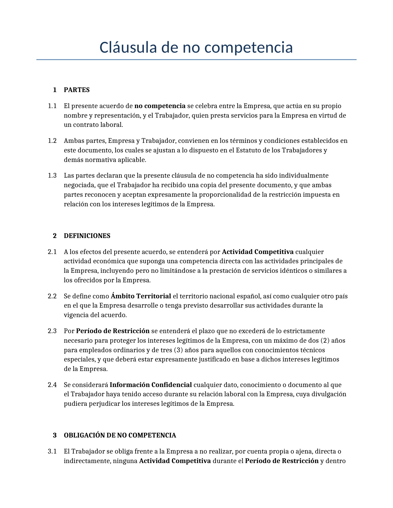 Ejemplo de un Cláusula de no competencia para usar en España generado por nuestro modelo de IA.