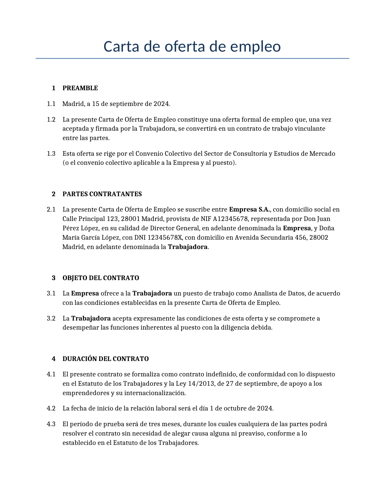 Ejemplo de un Carta de oferta de empleo para usar en España generado por nuestro modelo de IA.