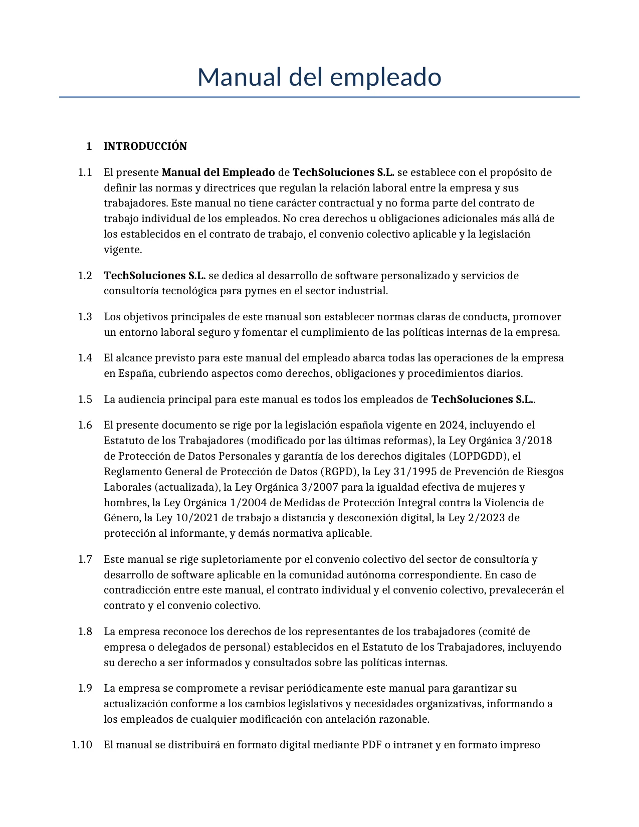 Ejemplo de un Manual del empleado para usar en España generado por nuestro modelo de IA.