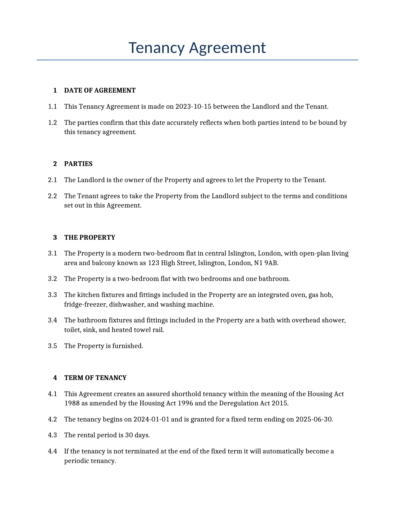 Example of a Tenancy Agreement for use in the United Kingdom</b> generated by our AI model. 