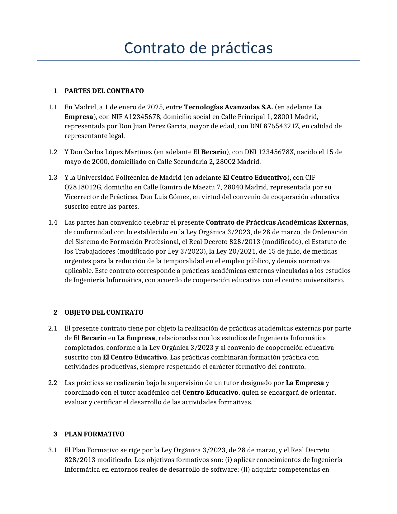Ejemplo de un Contrato de prácticas para usar en España generado por nuestro modelo de IA.