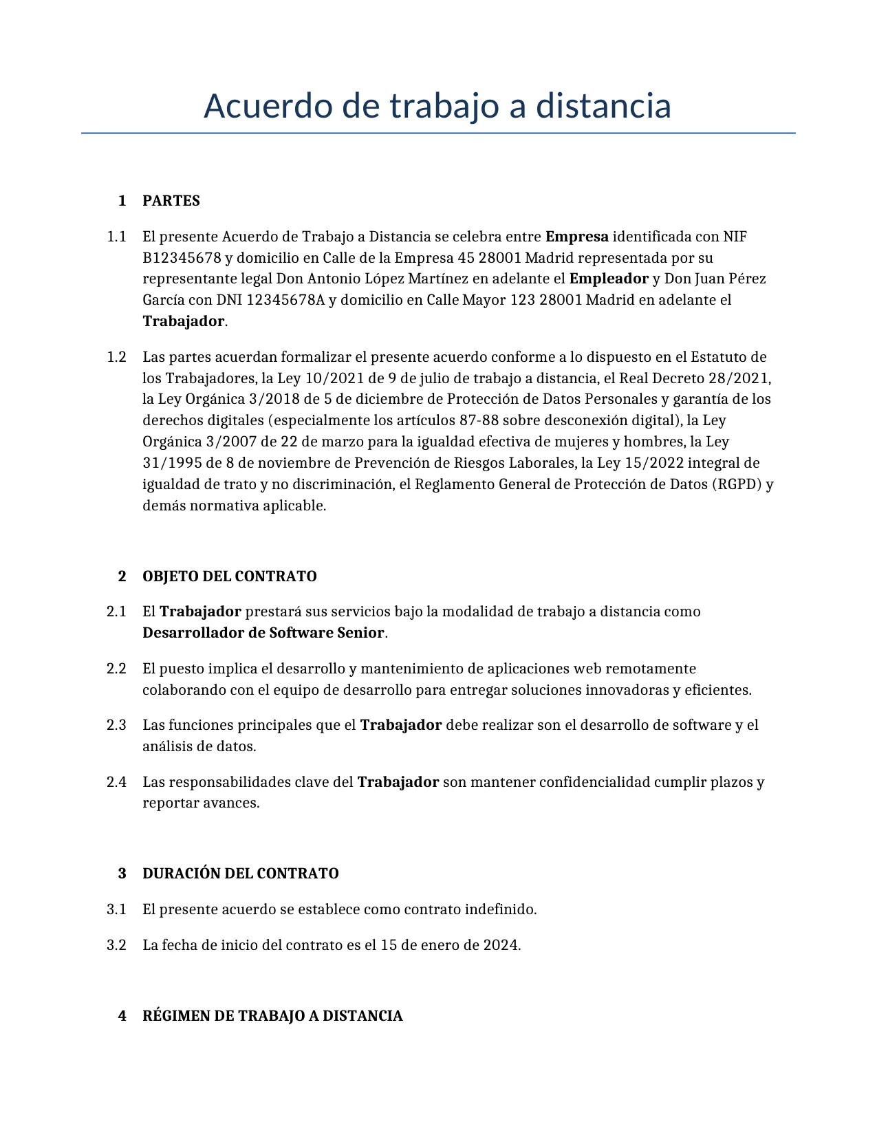 Ejemplo de un Acuerdo de trabajo a distancia para usar en España generado por nuestro modelo de IA.