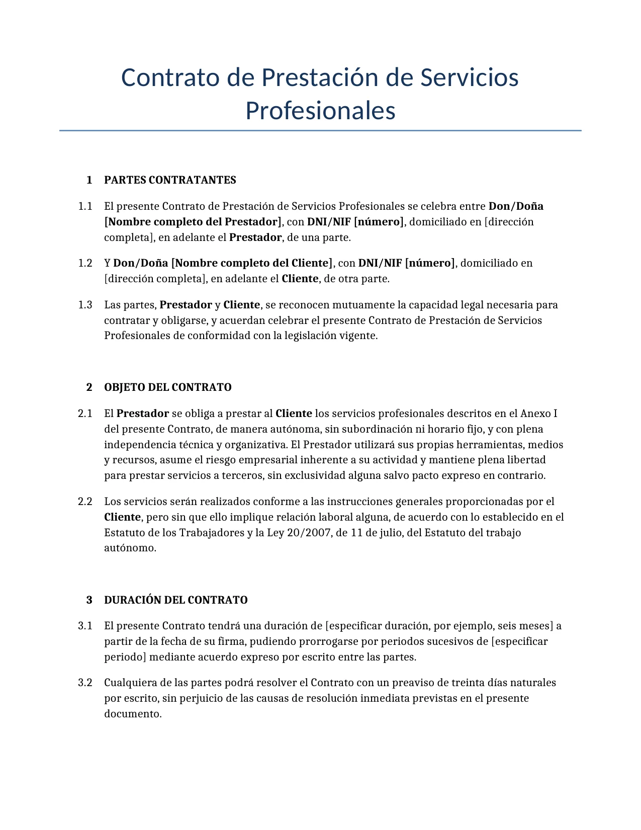 Ejemplo de un Contrato de Prestación de Servicios Profesionales para usar en España generado por nuestro modelo de IA.