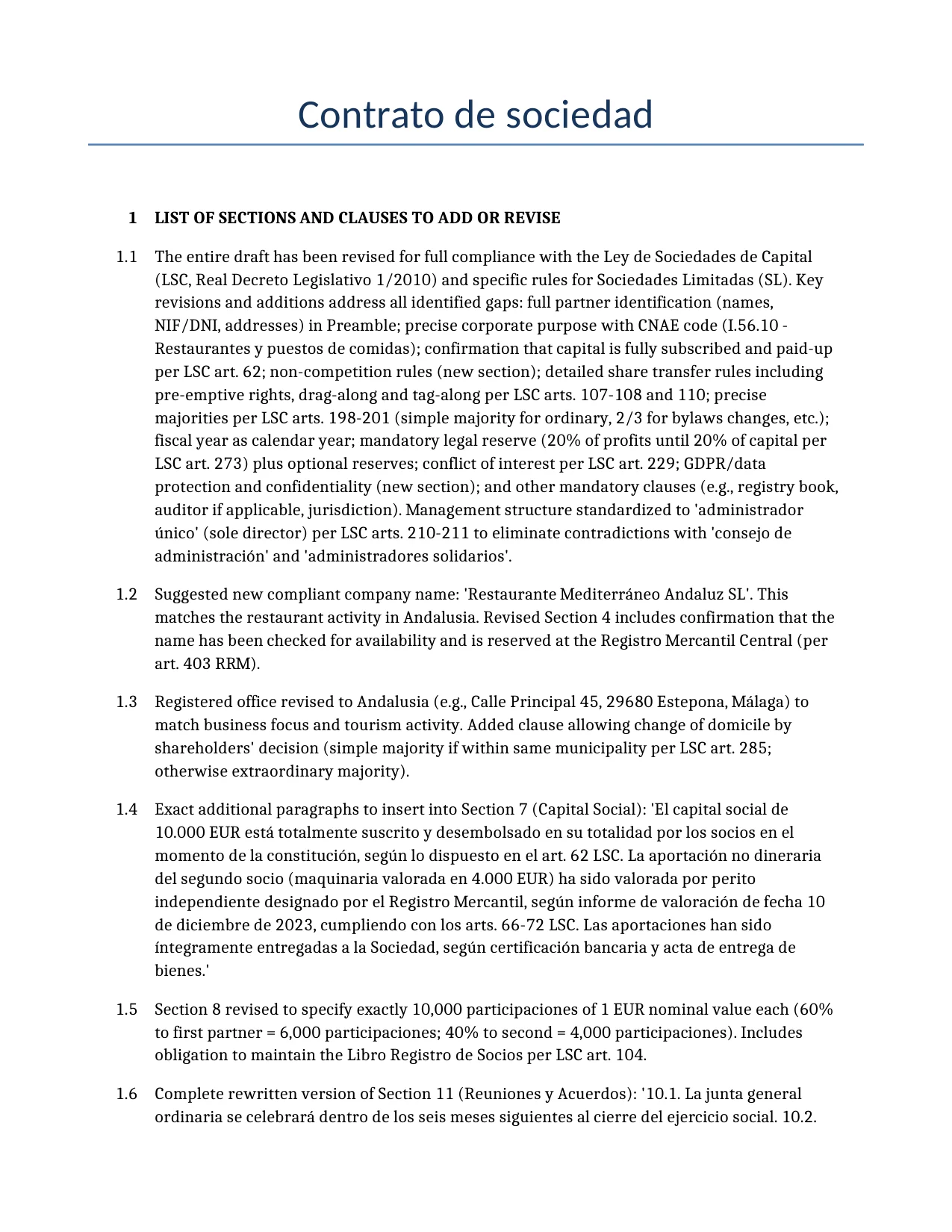 Ejemplo de un Contrato de sociedad para usar en España generado por nuestro modelo de IA.