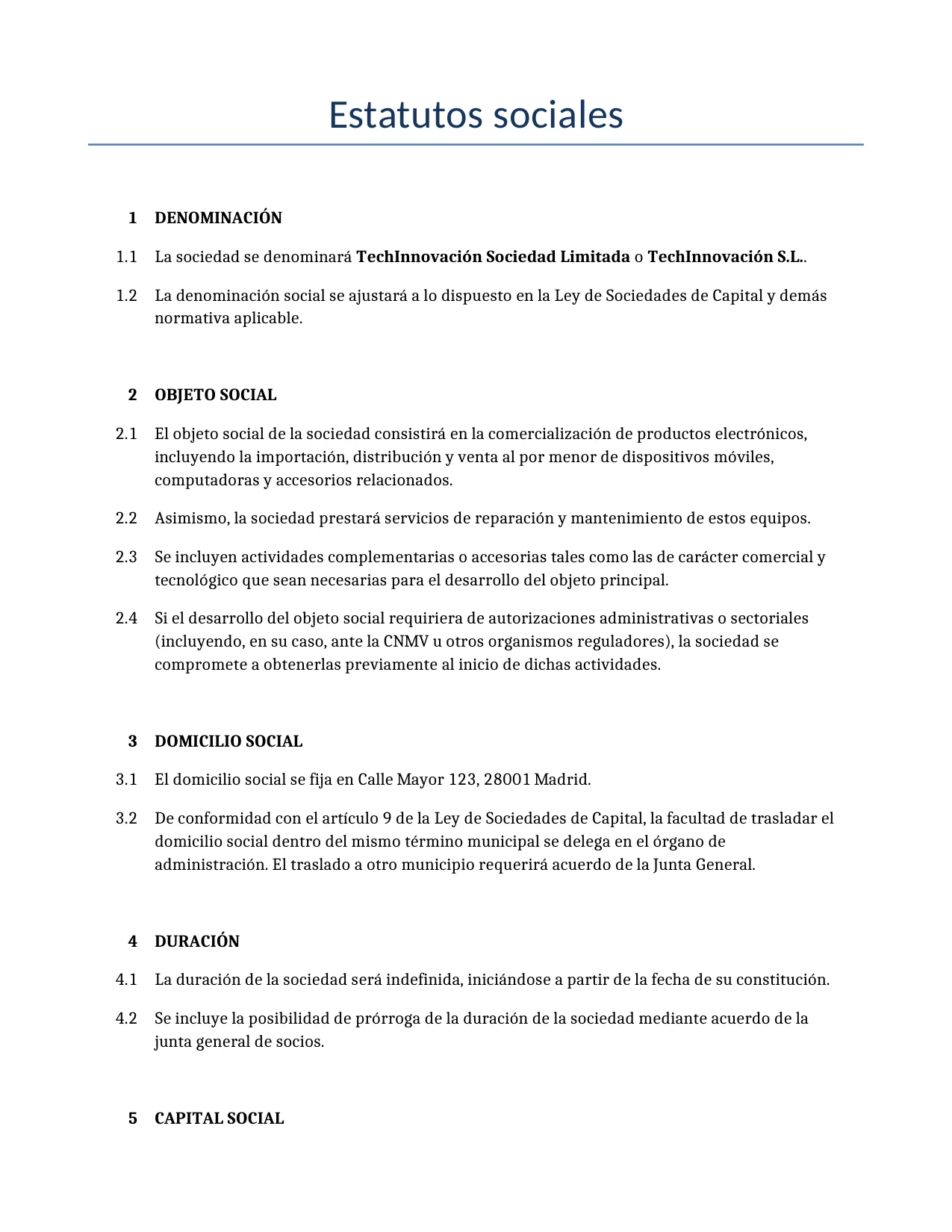 Ejemplo de un Estatutos sociales para usar en España generado por nuestro modelo de IA.