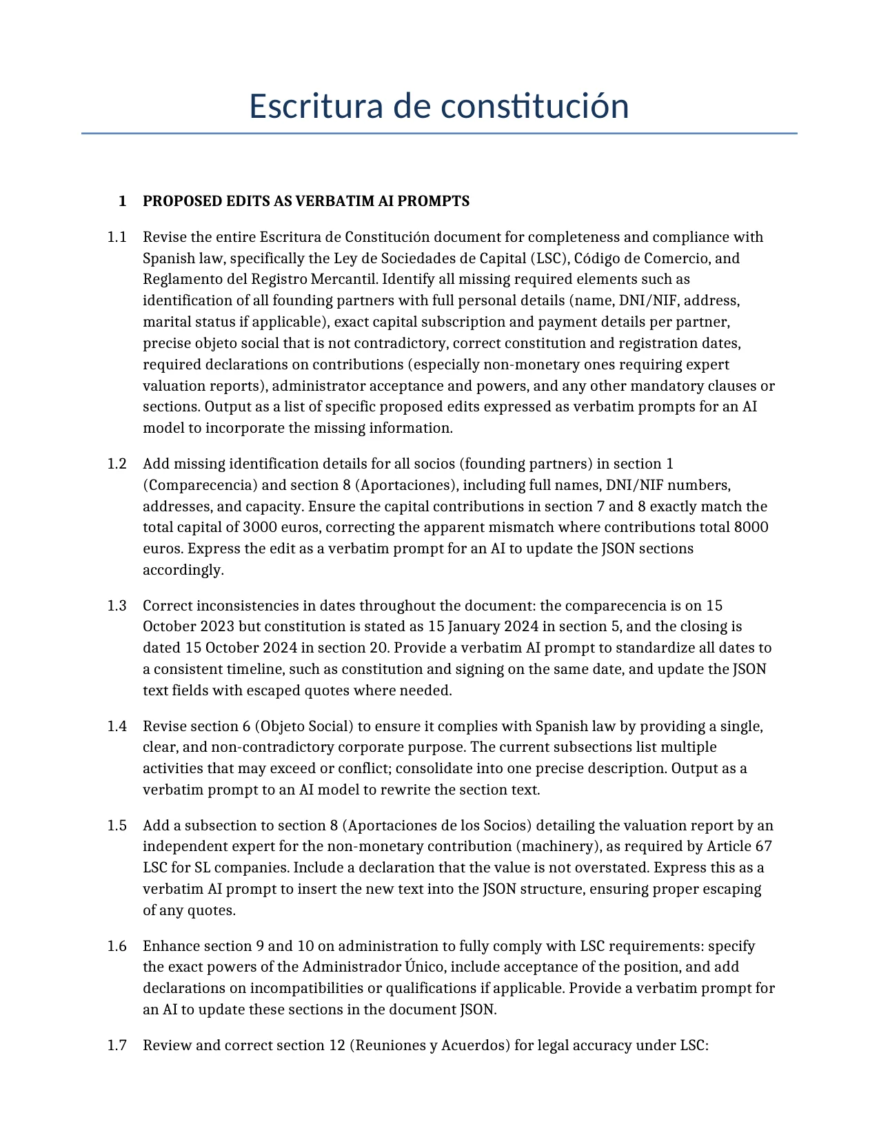 Ejemplo de un Escritura de constitución para usar en España generado por nuestro modelo de IA.