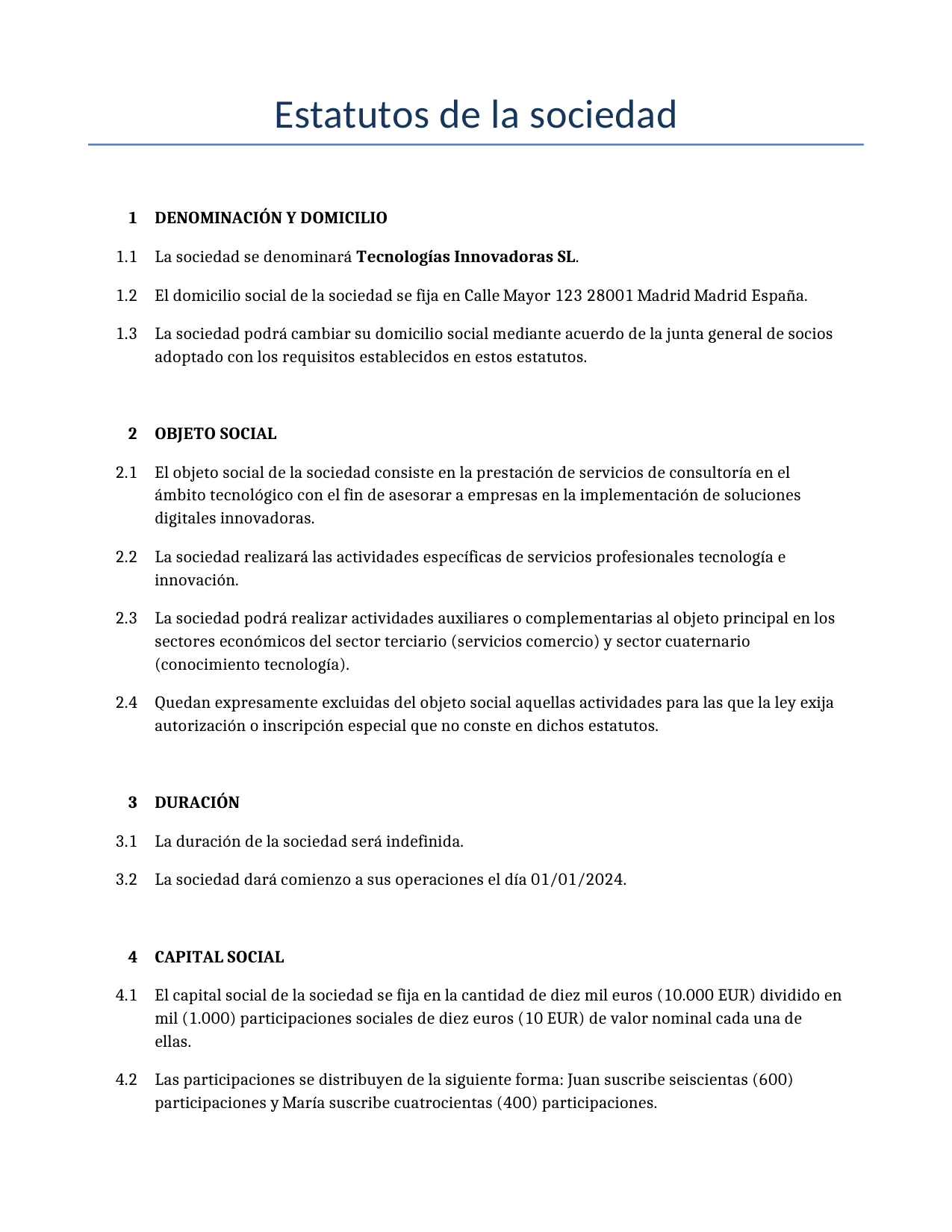 Ejemplo de un Estatutos de la sociedad para usar en España generado por nuestro modelo de IA.
