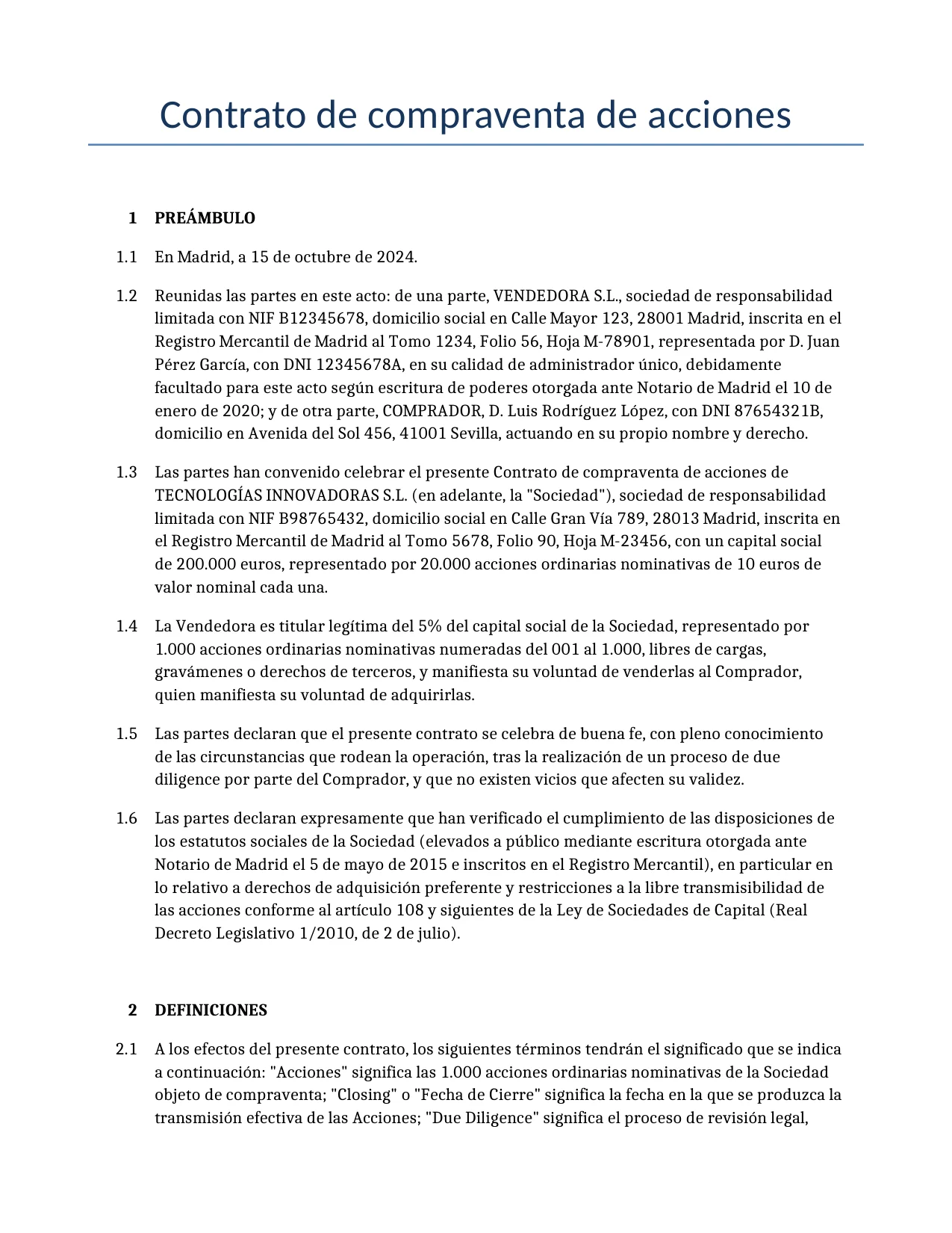 Ejemplo de un Contrato de compraventa de acciones para usar en España generado por nuestro modelo de IA.