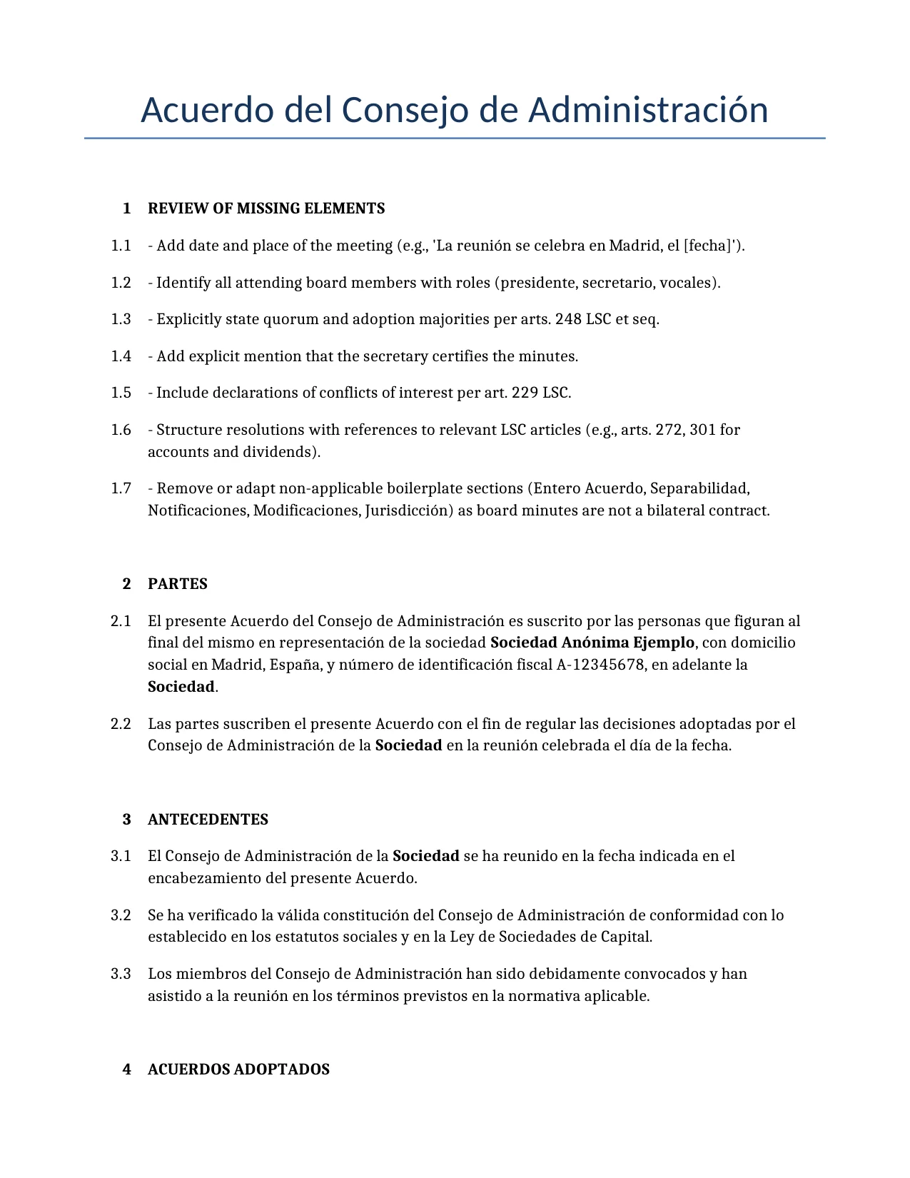 Ejemplo de un Acuerdo del Consejo de Administración para usar en España generado por nuestro modelo de IA.