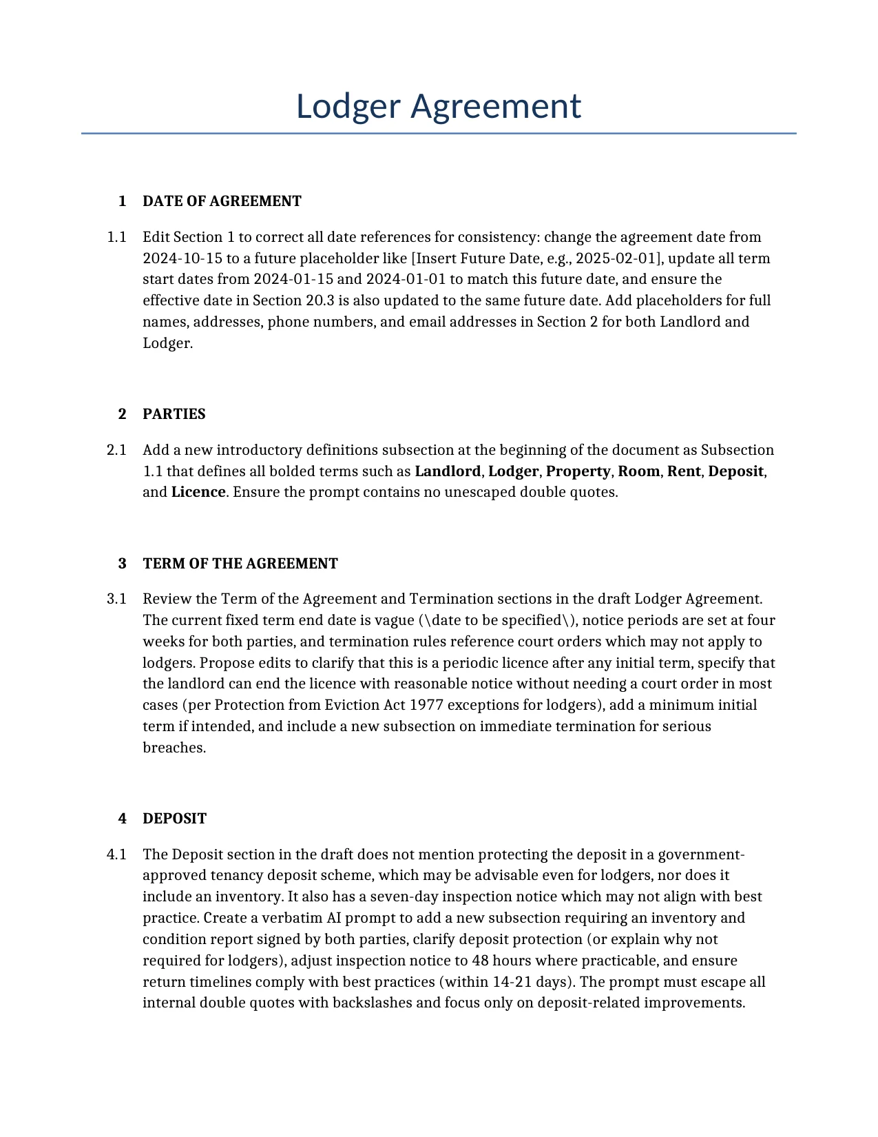 Example of a Lodger Agreement for use in the United Kingdom</b> generated by our AI model. 