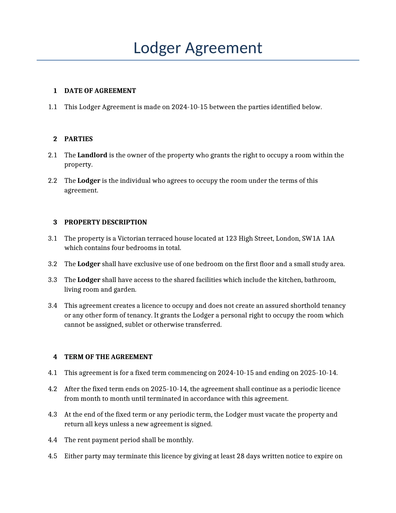 Example of a Lodger Agreement for use in the United Kingdom</b> generated by our AI model. 