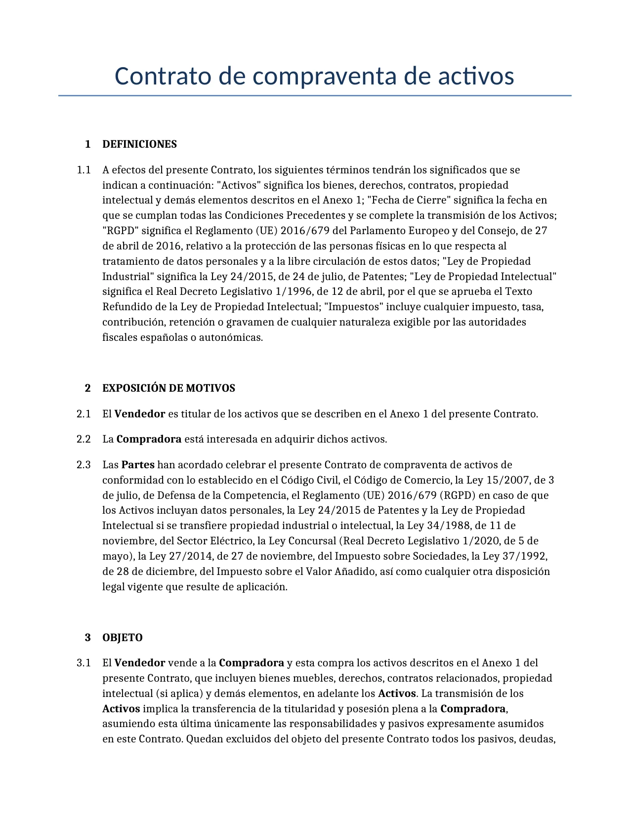 Ejemplo de un Contrato de compraventa de activos para usar en España generado por nuestro modelo de IA.
