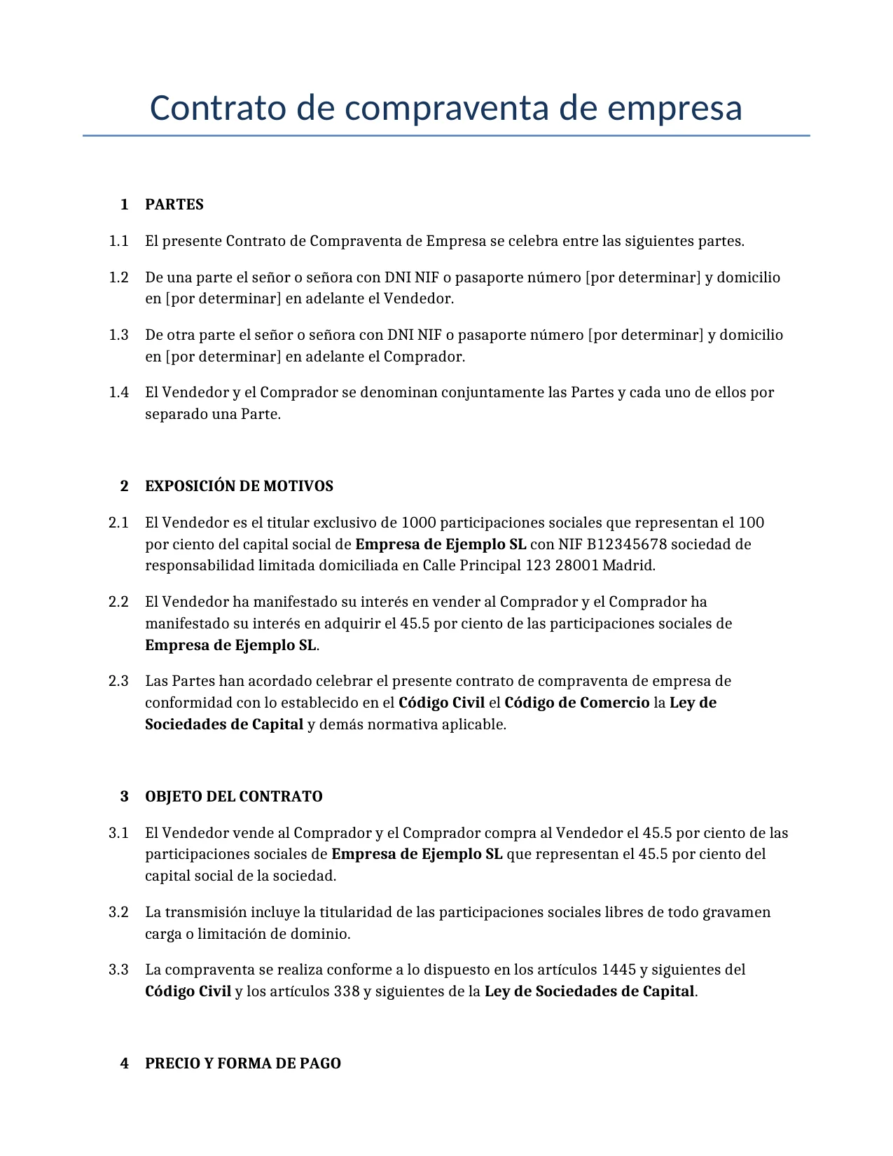 Ejemplo de un Contrato de compraventa de empresa para usar en España generado por nuestro modelo de IA.