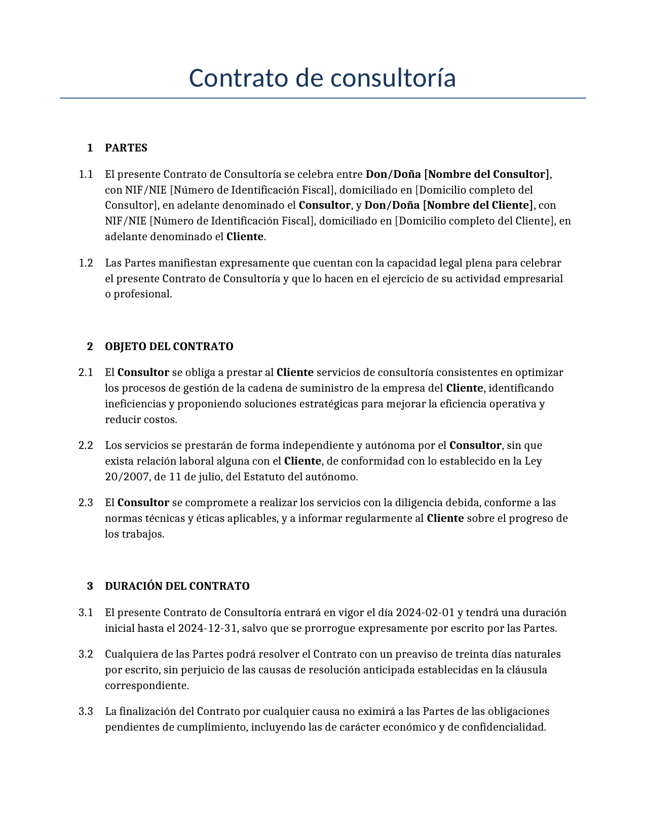 Ejemplo de un Contrato de consultoría para usar en España generado por nuestro modelo de IA.