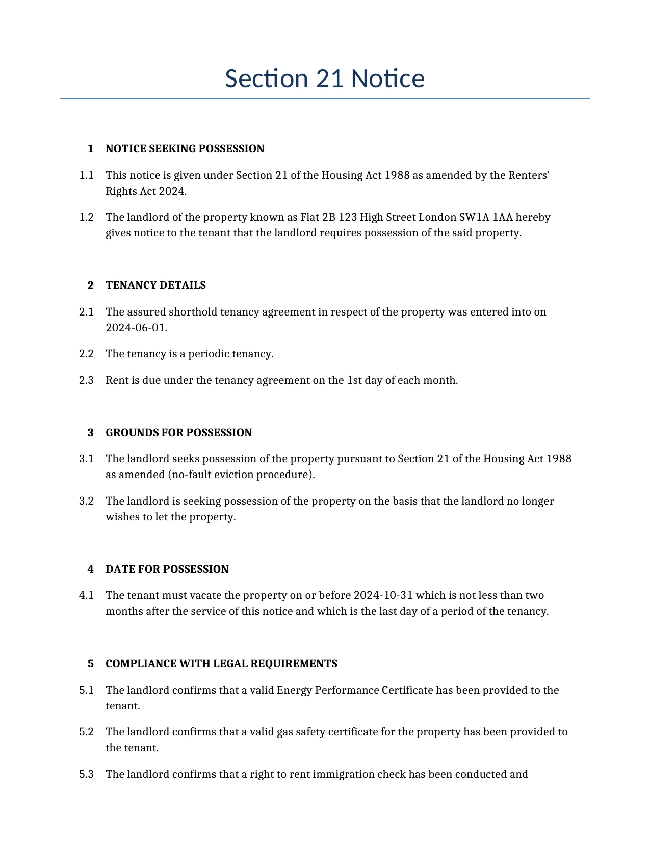 Example of a Section 21 Notice for use in the United Kingdom</b> generated by our AI model. 