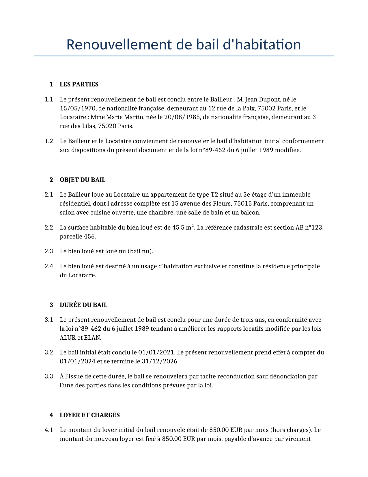 Exemple d'un Renouvellement de bail d'habitation à utiliser dans la France généré par notre modèle d'IA.