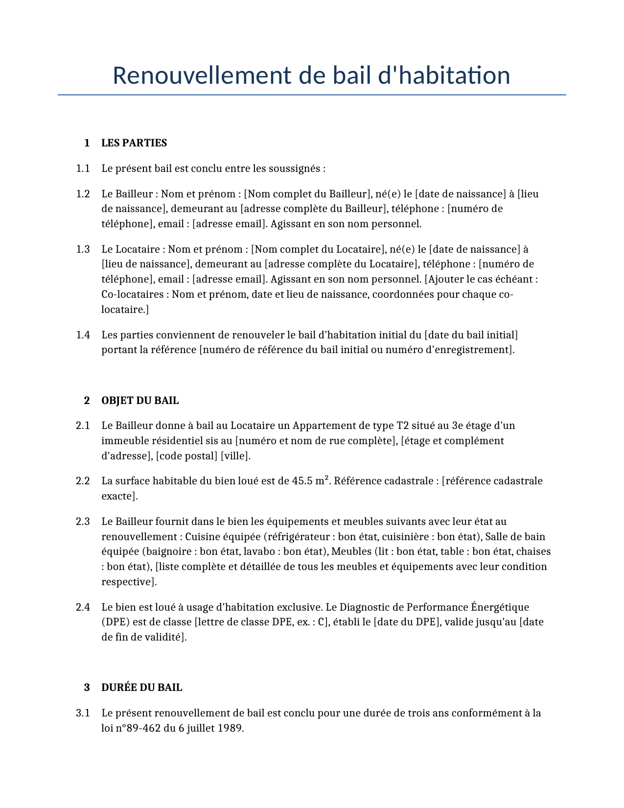Exemple d'un Renouvellement de bail d'habitation à utiliser dans la France généré par notre modèle d'IA.