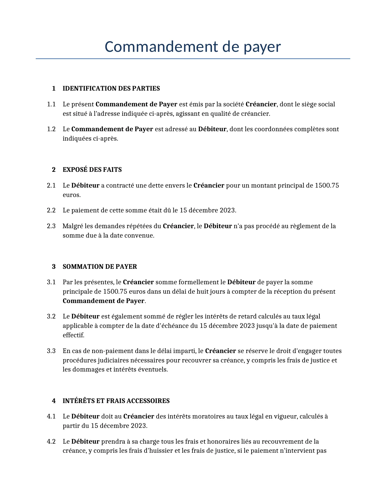 Exemple d'un Commandement de payer à utiliser dans la France généré par notre modèle d'IA.
