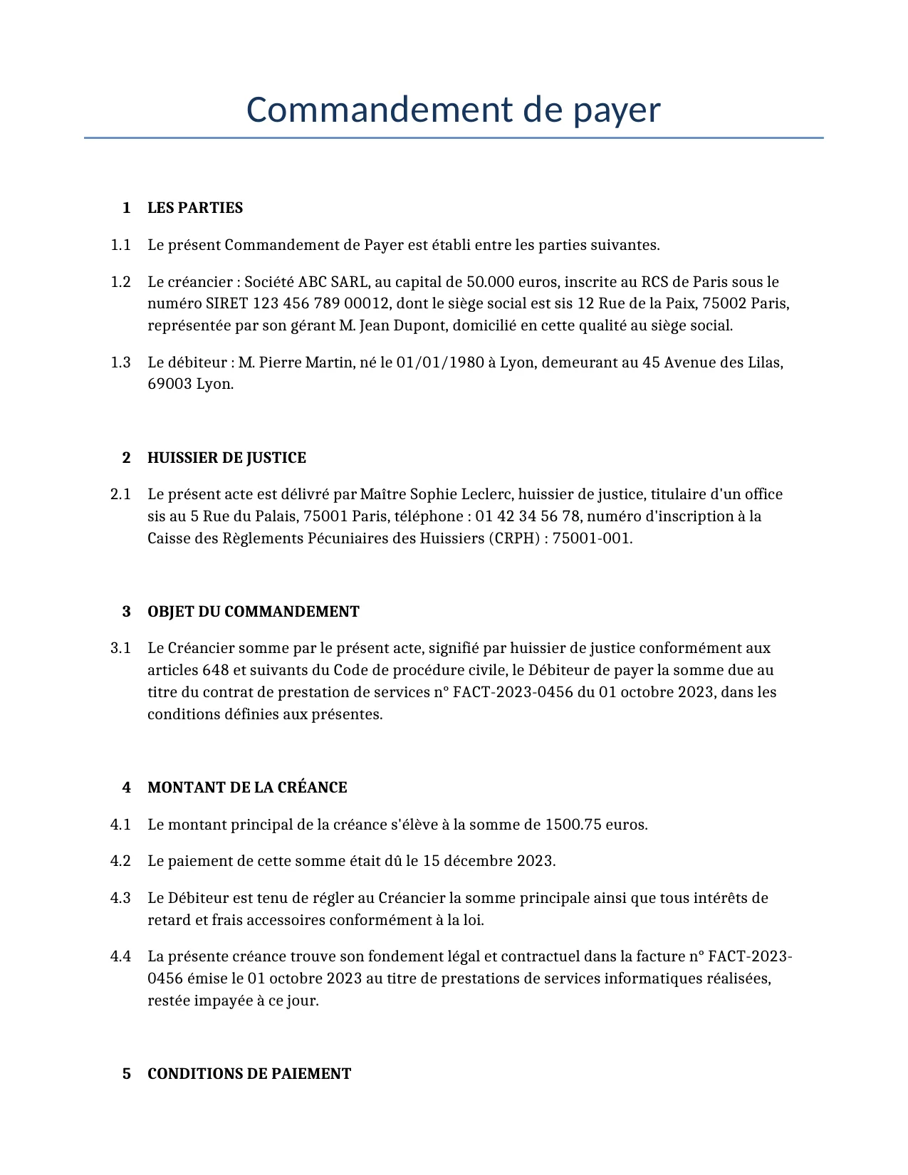 Exemple d'un Commandement de payer à utiliser dans la France généré par notre modèle d'IA.