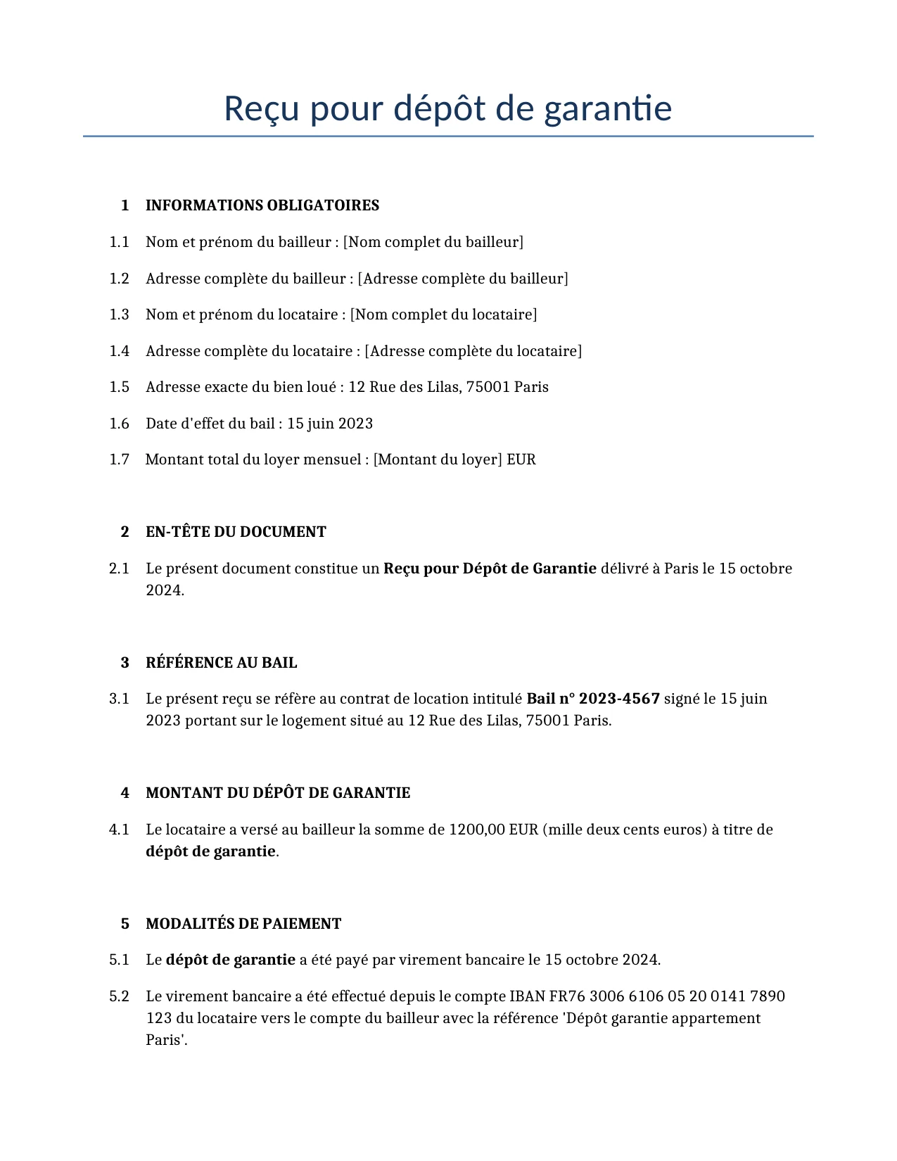 Exemple d'un Reçu pour dépôt de garantie à utiliser dans la France généré par notre modèle d'IA.