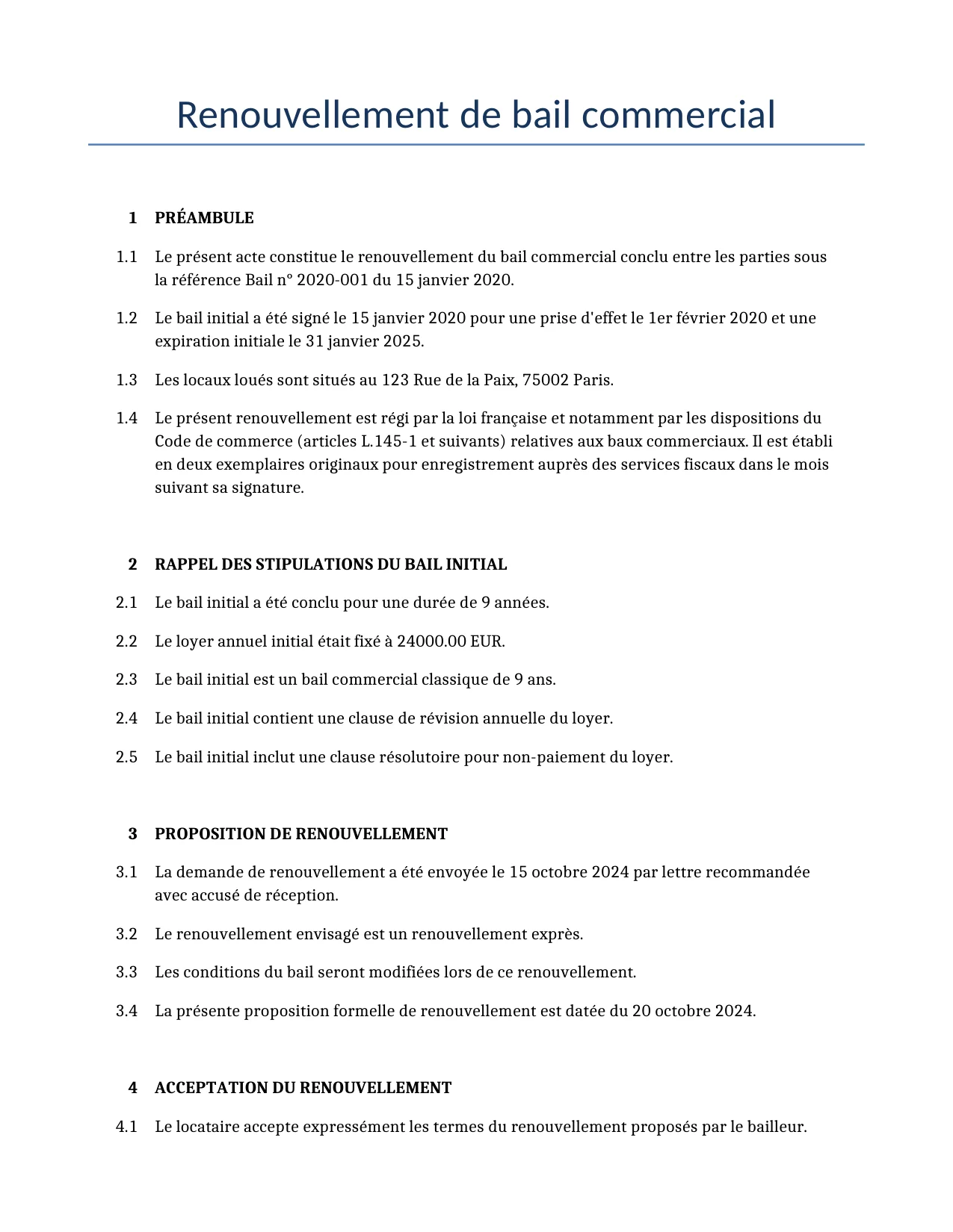 Exemple d'un Renouvellement de bail commercial à utiliser dans la France généré par notre modèle d'IA.