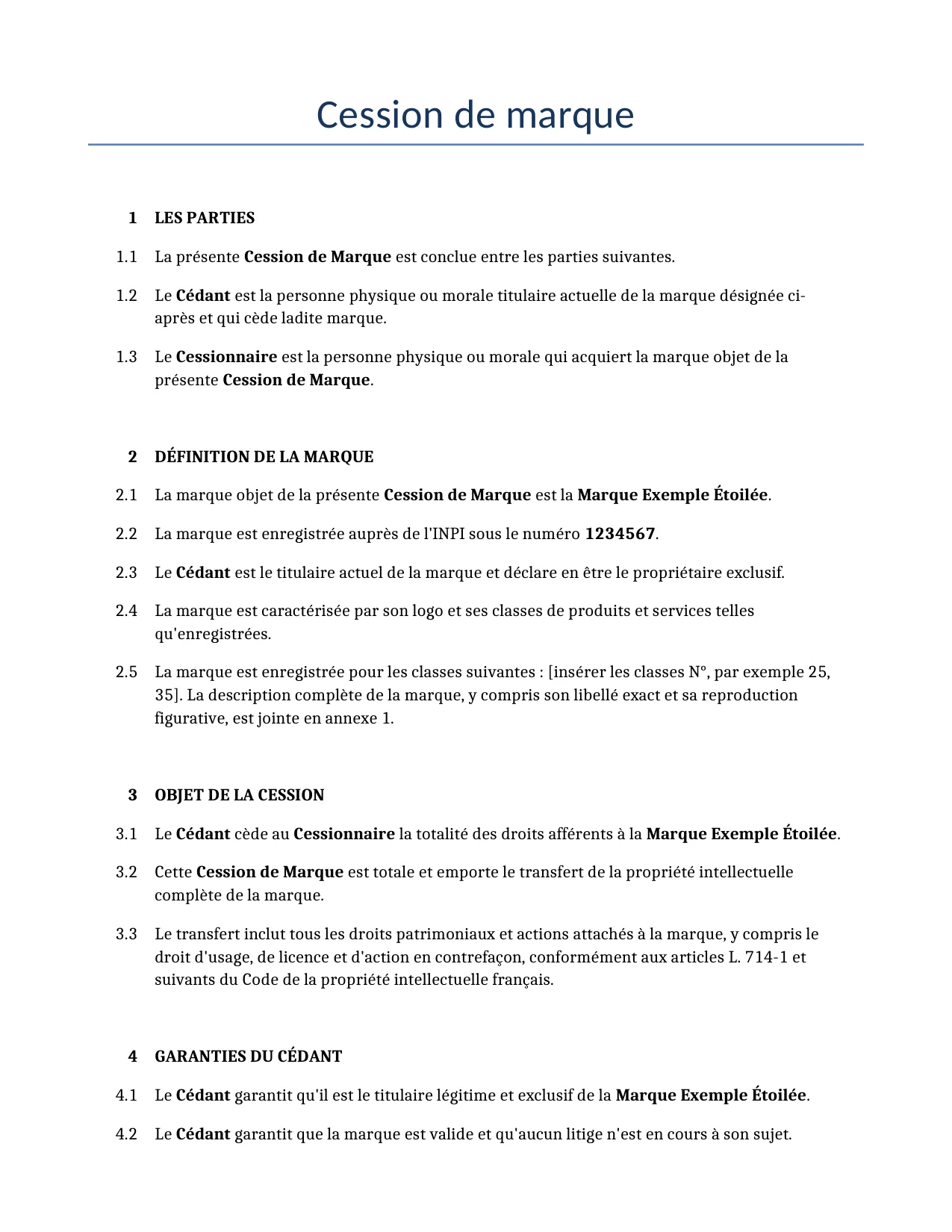Exemple d'un Cession de marque à utiliser dans la France généré par notre modèle d'IA.