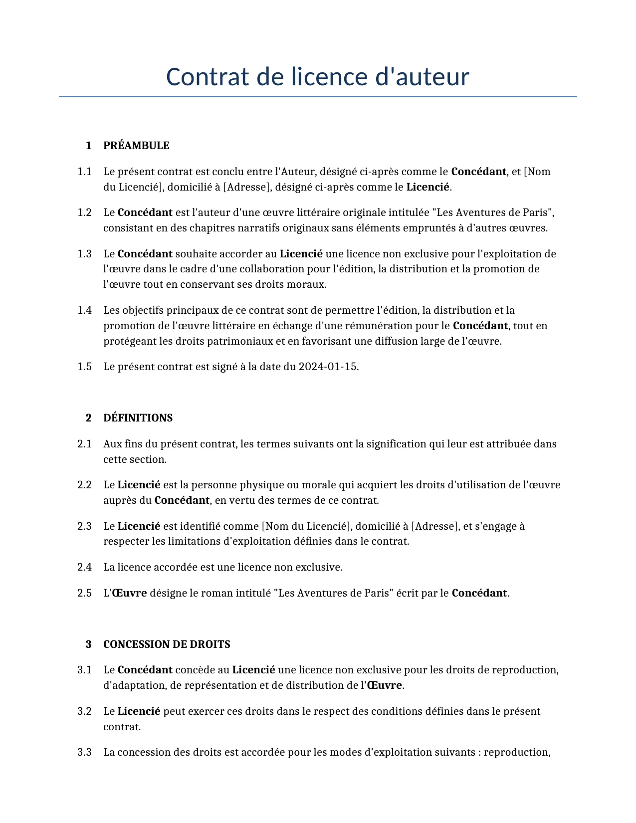 Exemple d'un Contrat de licence d'auteur à utiliser dans la France généré par notre modèle d'IA.