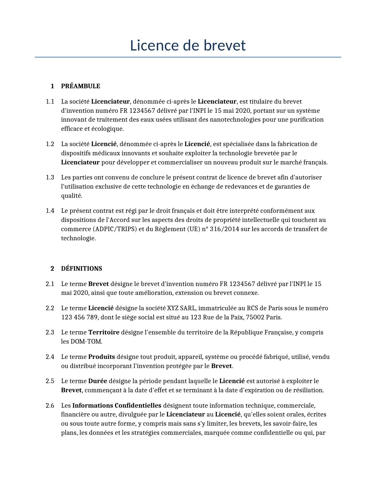 Exemple d'un Licence de brevet à utiliser dans la France généré par notre modèle d'IA.