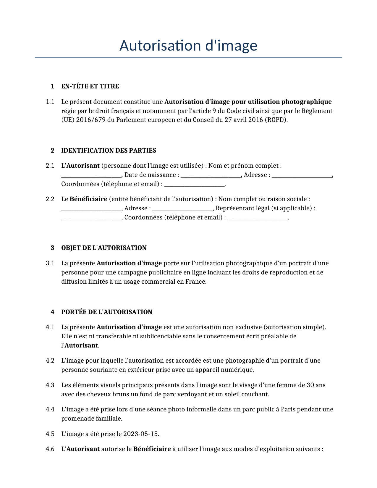 Exemple d'un Autorisation d'image à utiliser dans la France généré par notre modèle d'IA.