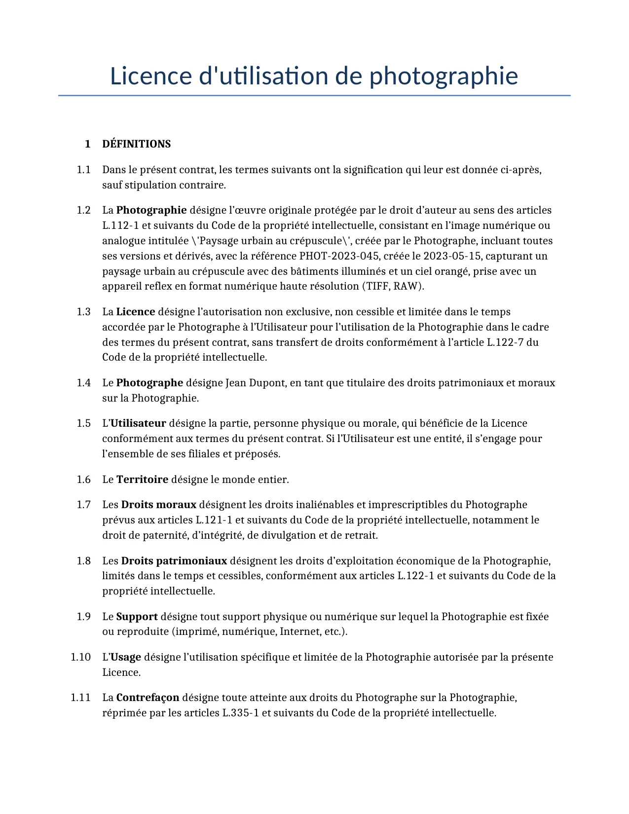 Exemple d'un Licence d'utilisation de photographie à utiliser dans la France généré par notre modèle d'IA.