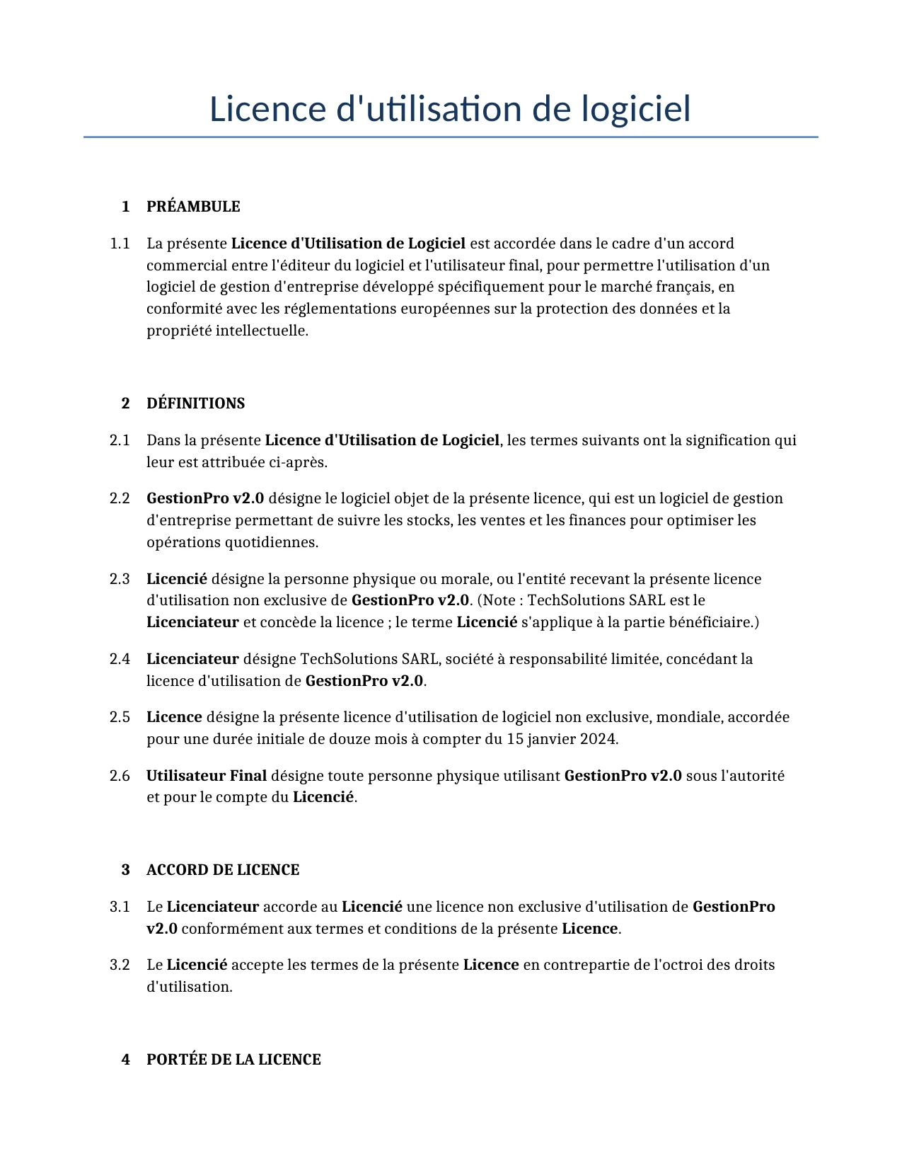 Exemple d'un Licence d'utilisation de logiciel à utiliser dans la France généré par notre modèle d'IA.