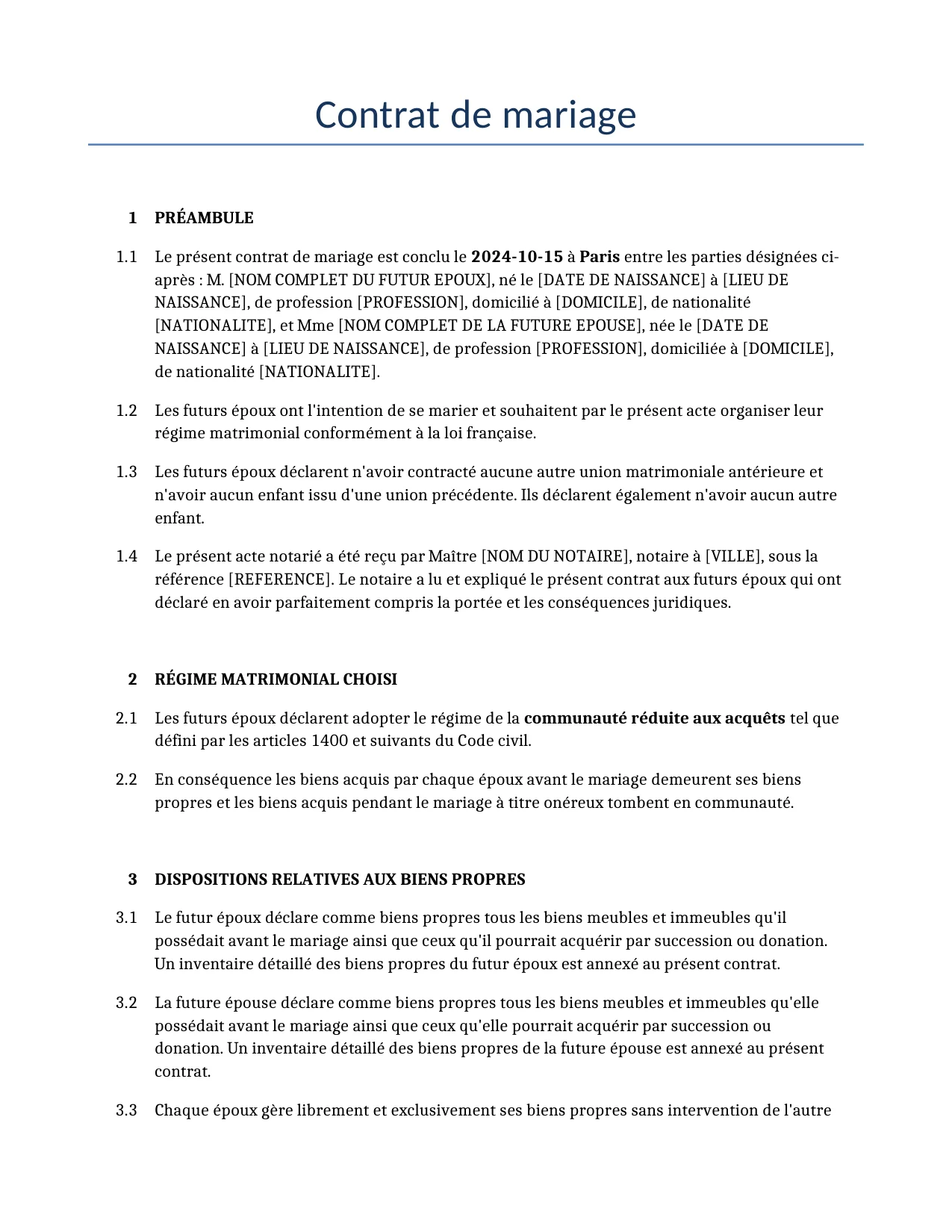 Exemple d'un Contrat de mariage à utiliser dans la France généré par notre modèle d'IA.