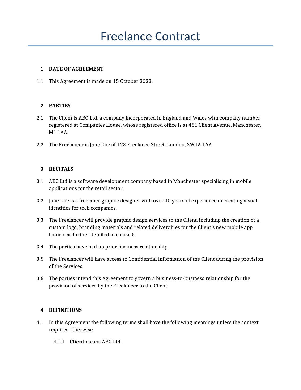 Example of a Freelance Contract for use in the United Kingdom</b> generated by our AI model. 