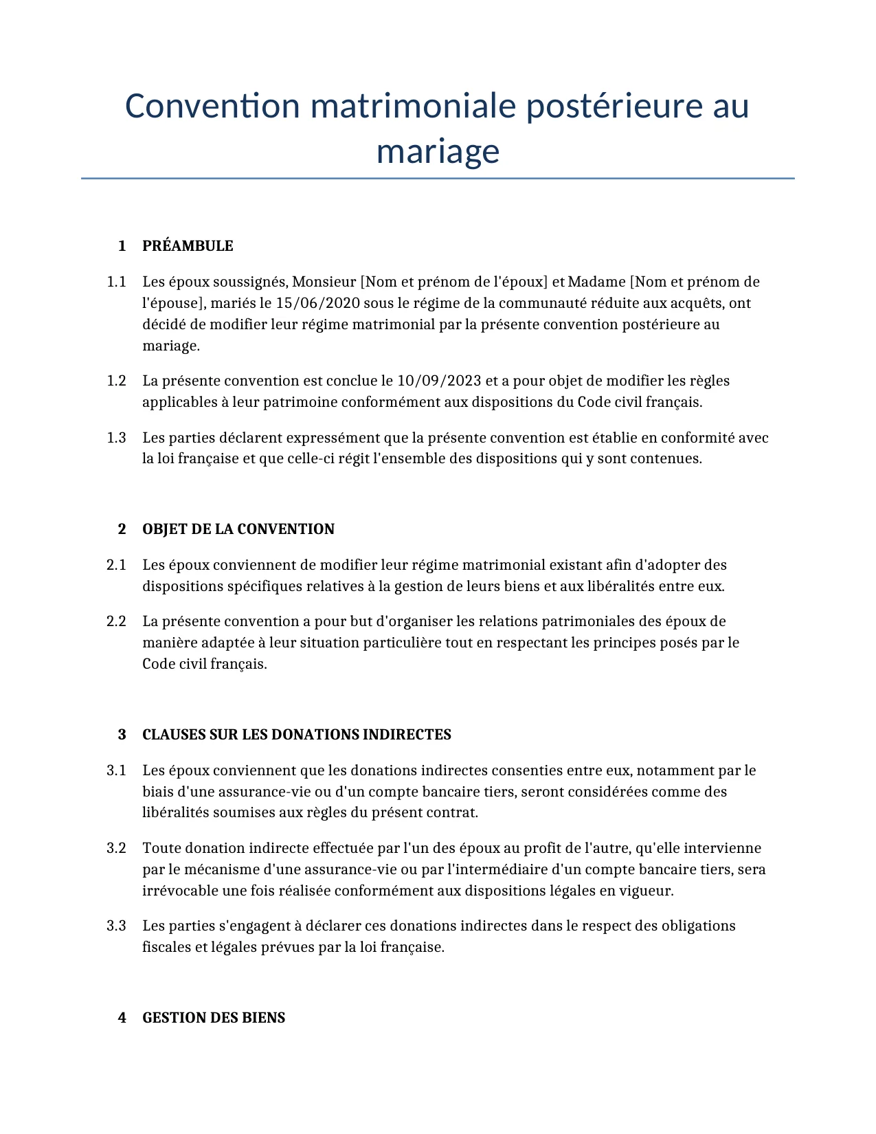 Exemple d'un Convention matrimoniale postérieure au mariage à utiliser dans la France généré par notre modèle d'IA.