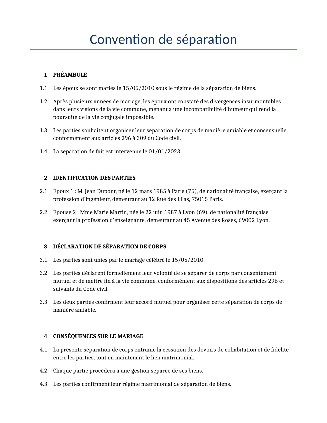 Exemple d'un Convention de séparation à utiliser dans la France généré par notre modèle d'IA.