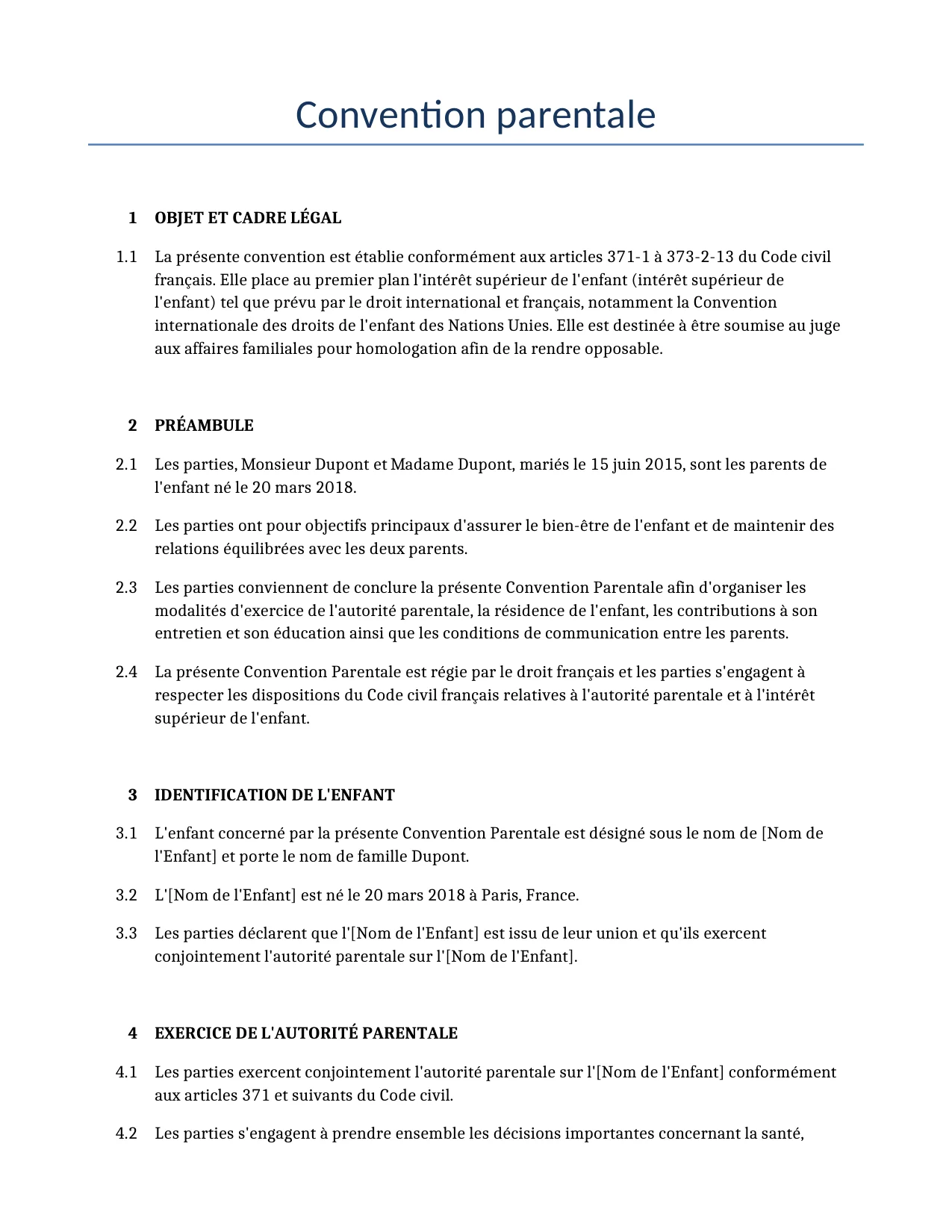 Exemple d'un Convention parentale à utiliser dans la France généré par notre modèle d'IA.