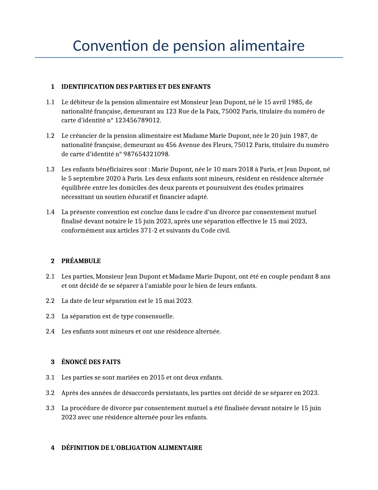 Exemple d'un Convention de pension alimentaire à utiliser dans la France généré par notre modèle d'IA.