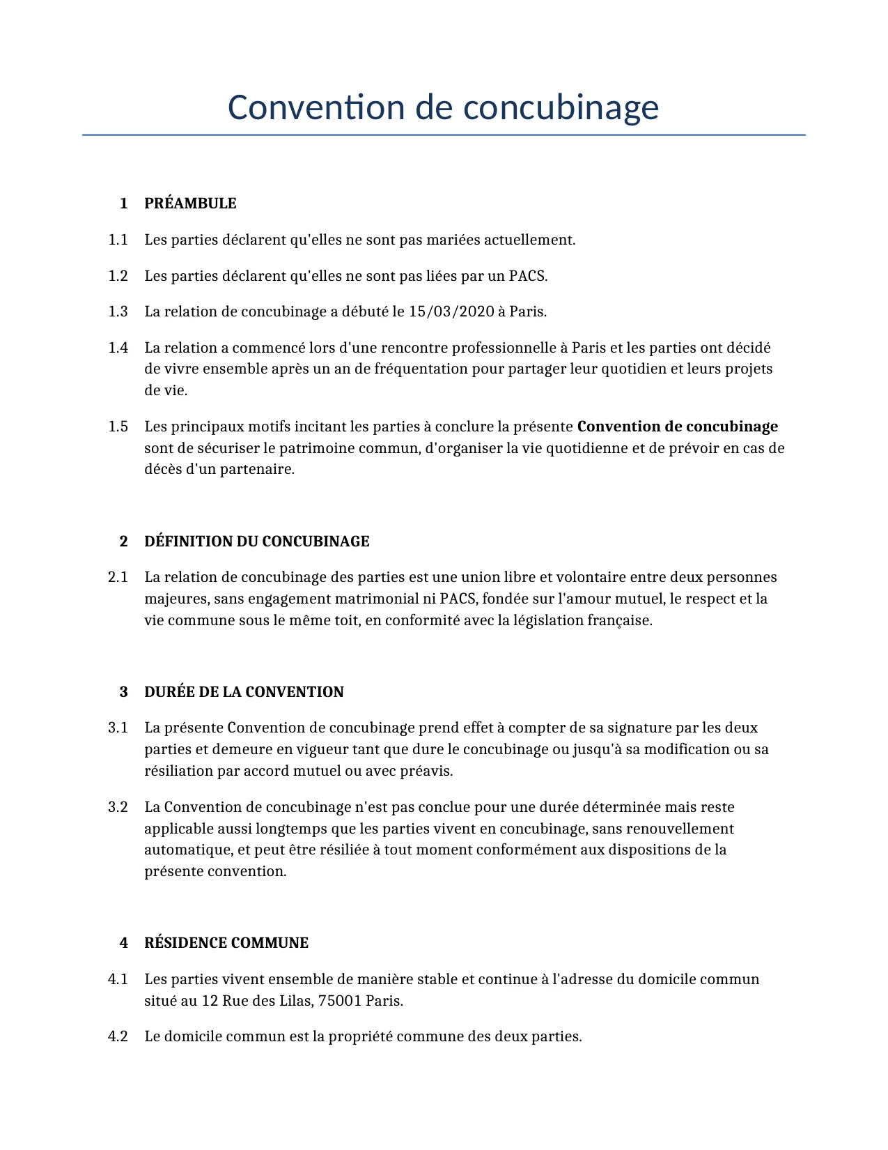 Exemple d'un Convention de concubinage à utiliser dans la France généré par notre modèle d'IA.