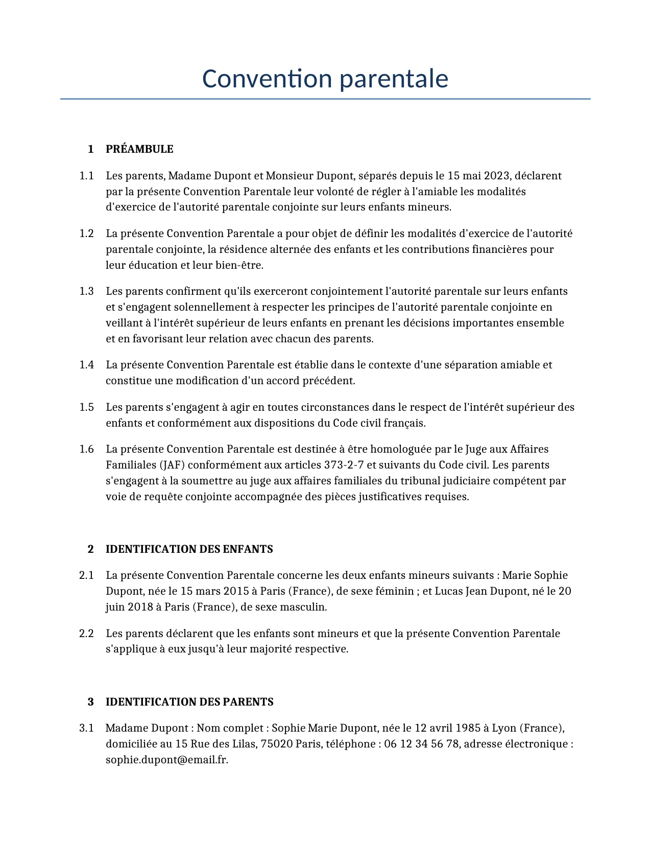 Exemple d'un Convention parentale à utiliser dans la France généré par notre modèle d'IA.
