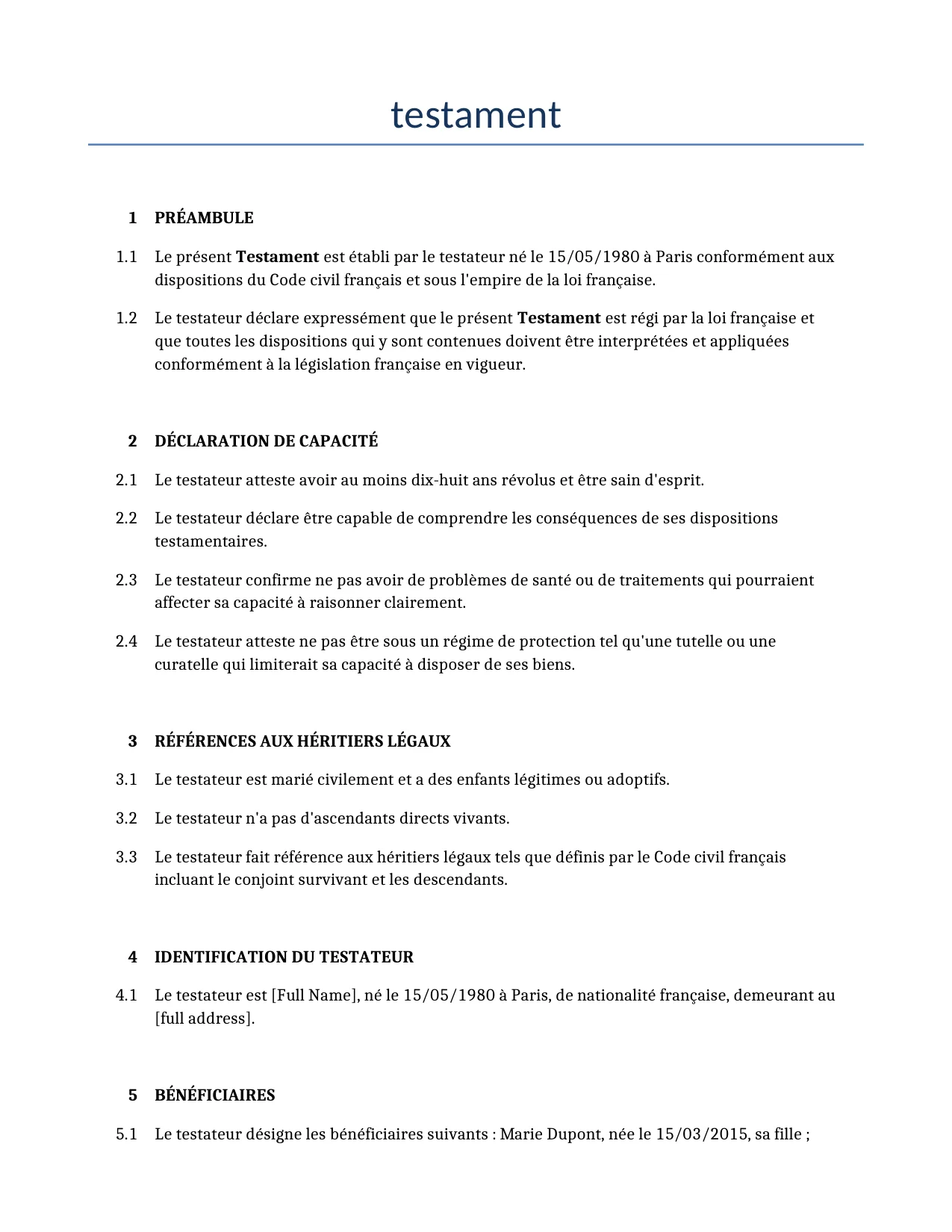 Exemple d'un testament à utiliser dans la France généré par notre modèle d'IA.