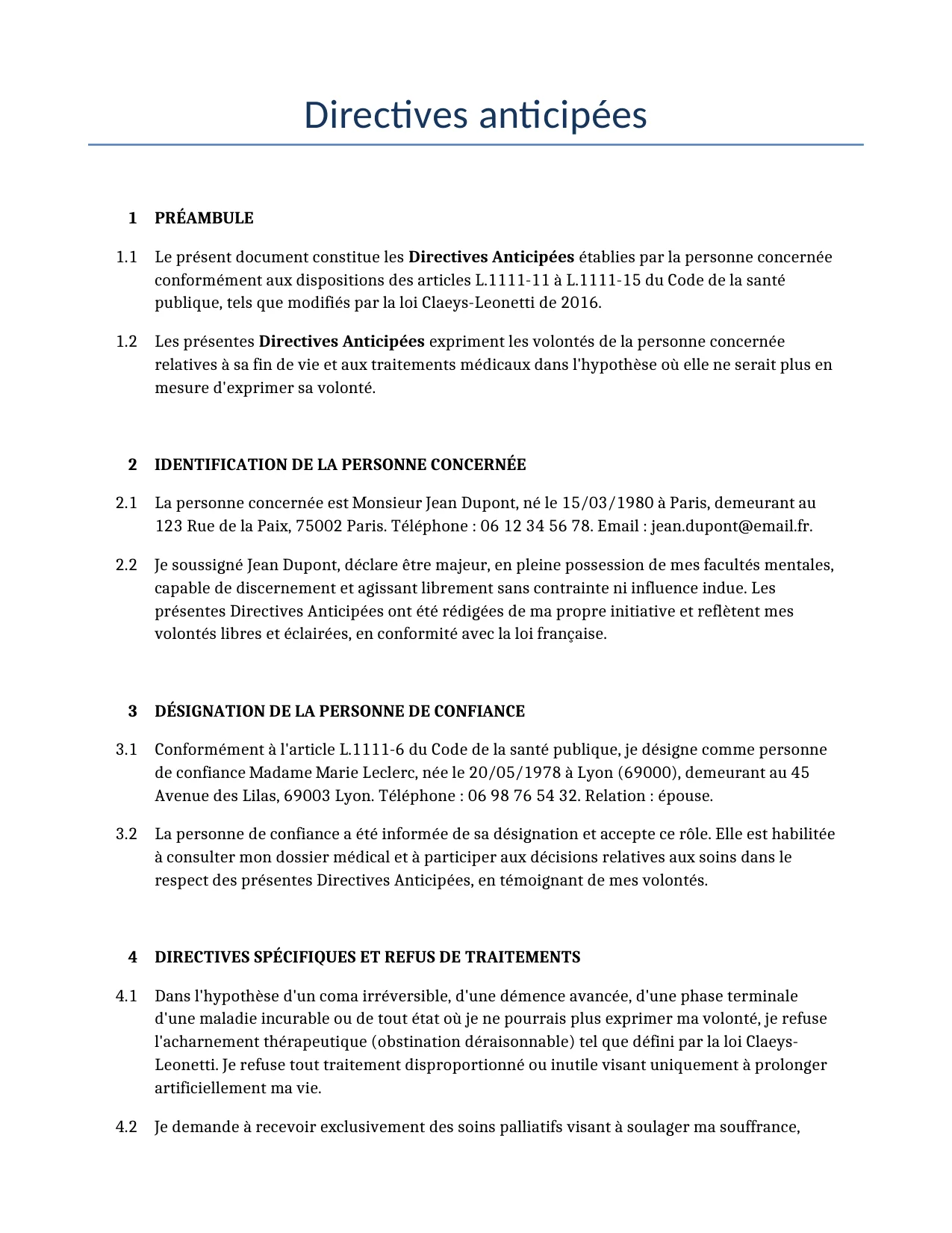Exemple d'un Directives anticipées à utiliser dans la France généré par notre modèle d'IA.